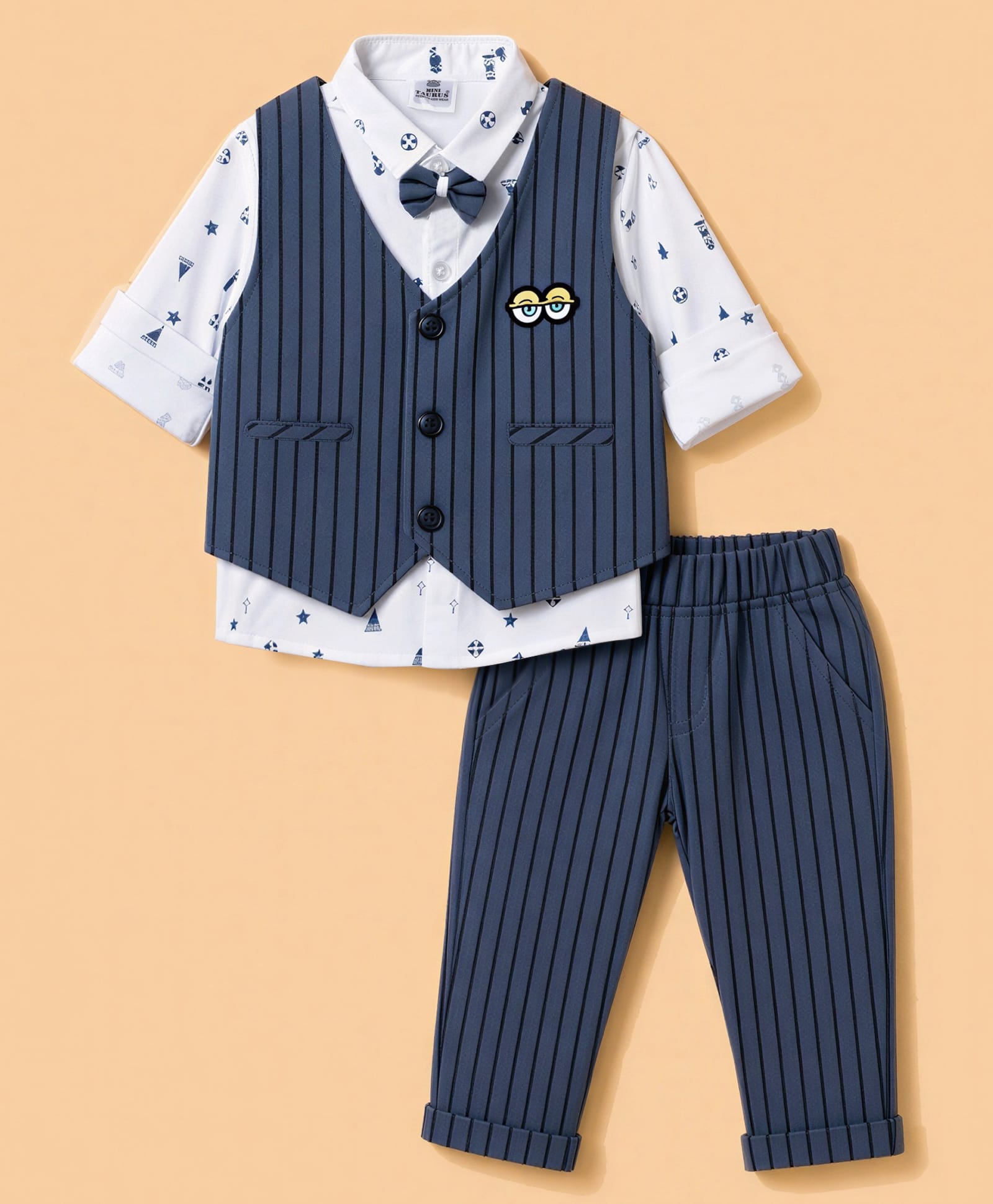 Mini Taurus Cotton Knit Full Sleeves 3 Piece Striped Party Suit with Attached Bow & Nautical Theme Print - White & Blue-image-36