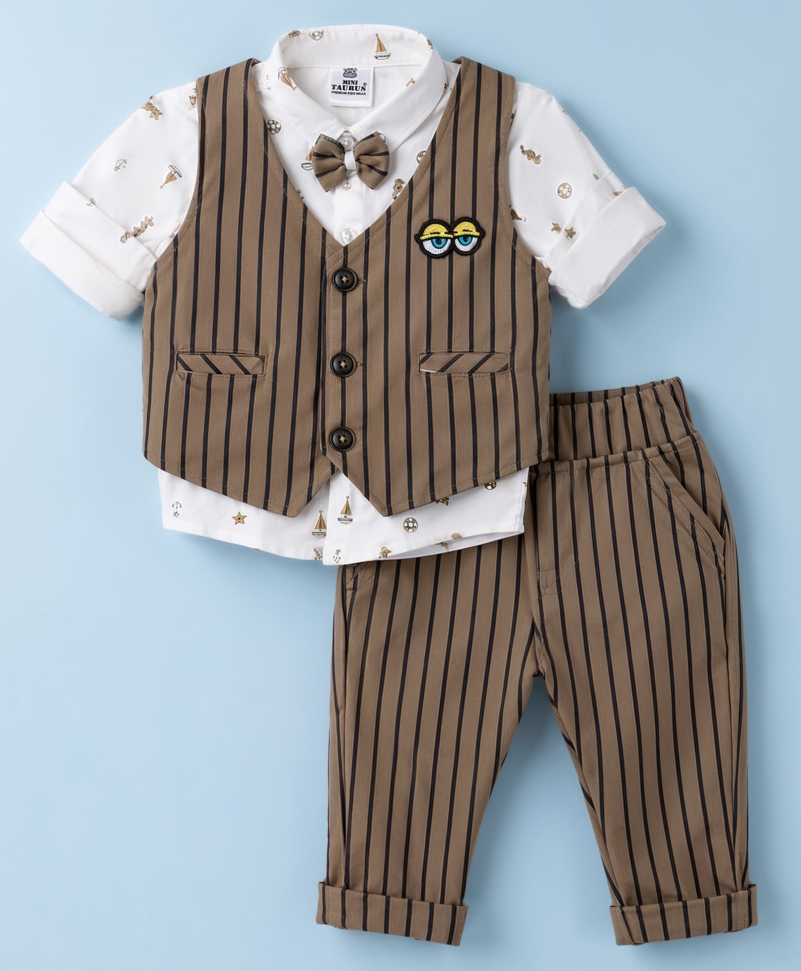 Mini Taurus Cotton Knit Full Sleeves 3 Piece Striped Party Suit with Attached Bow & Nautical Theme Print - White & Brown-picture-35