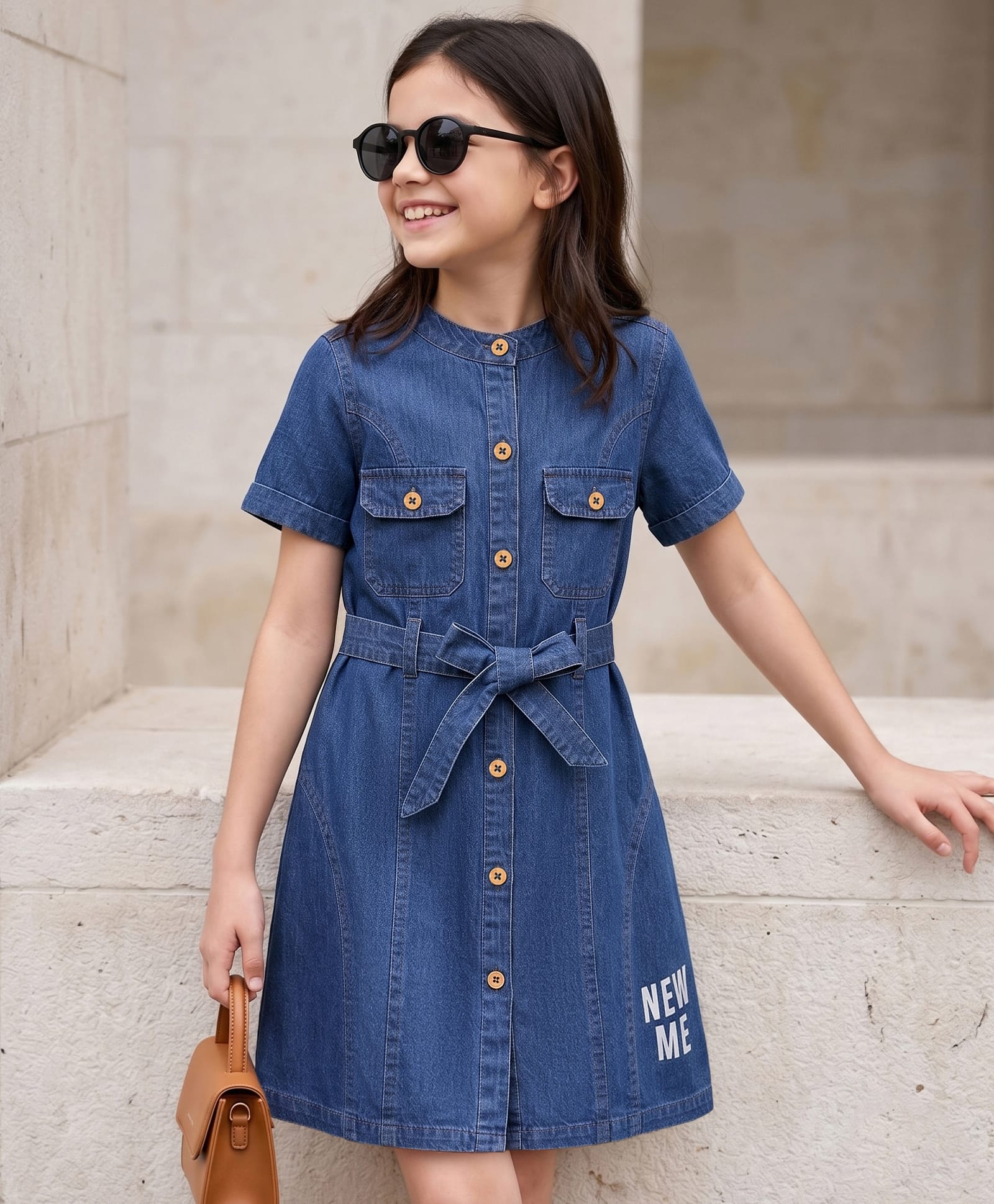 Pine Kids Cotton Woven Half Sleeves Shirt Dress with New Me Print - Navy Blue-image-7