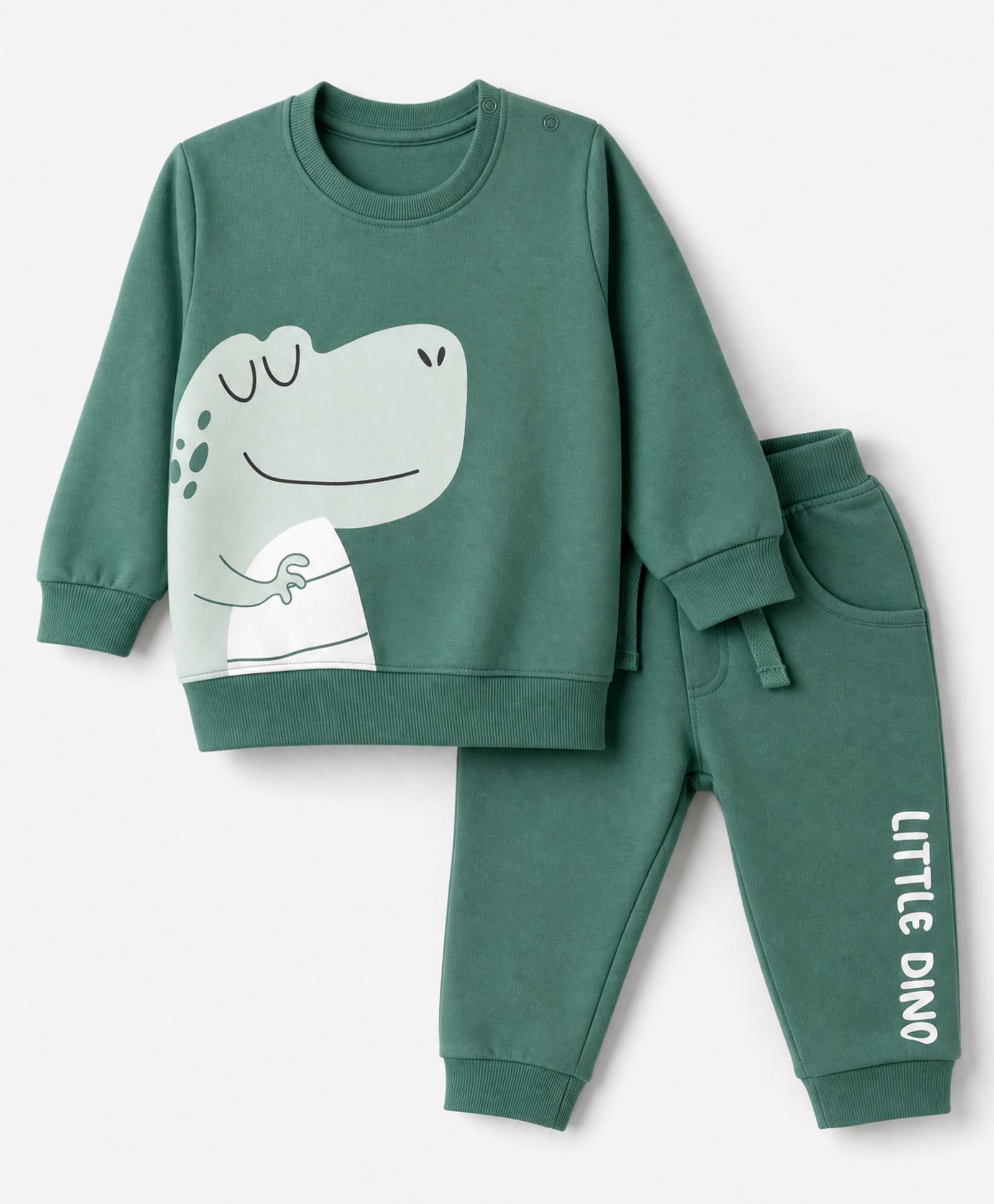 Doodle Poodle 100% Cotton Looper Terry Knit Light Weight Full Sleeves Winter Wear Suit With Dinosaur & Text Print - Dark Green-picture-2