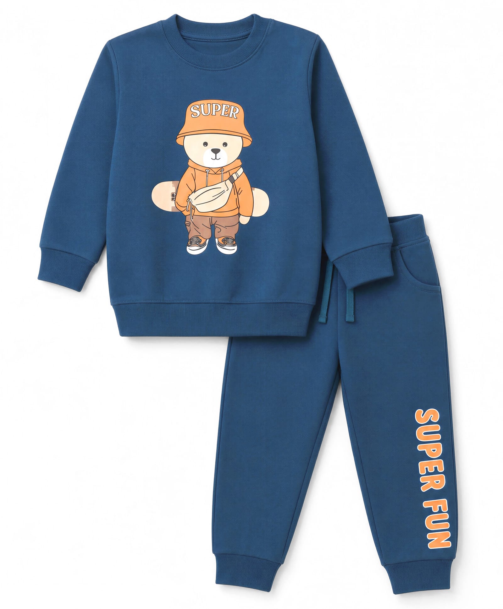 Doodle Poodle 100% Cotton Looper Terry Knit Light Weight Full Sleeves T-Shirt & Lounge Pant With Teddy Bear Print - Navy Blue-picture-3