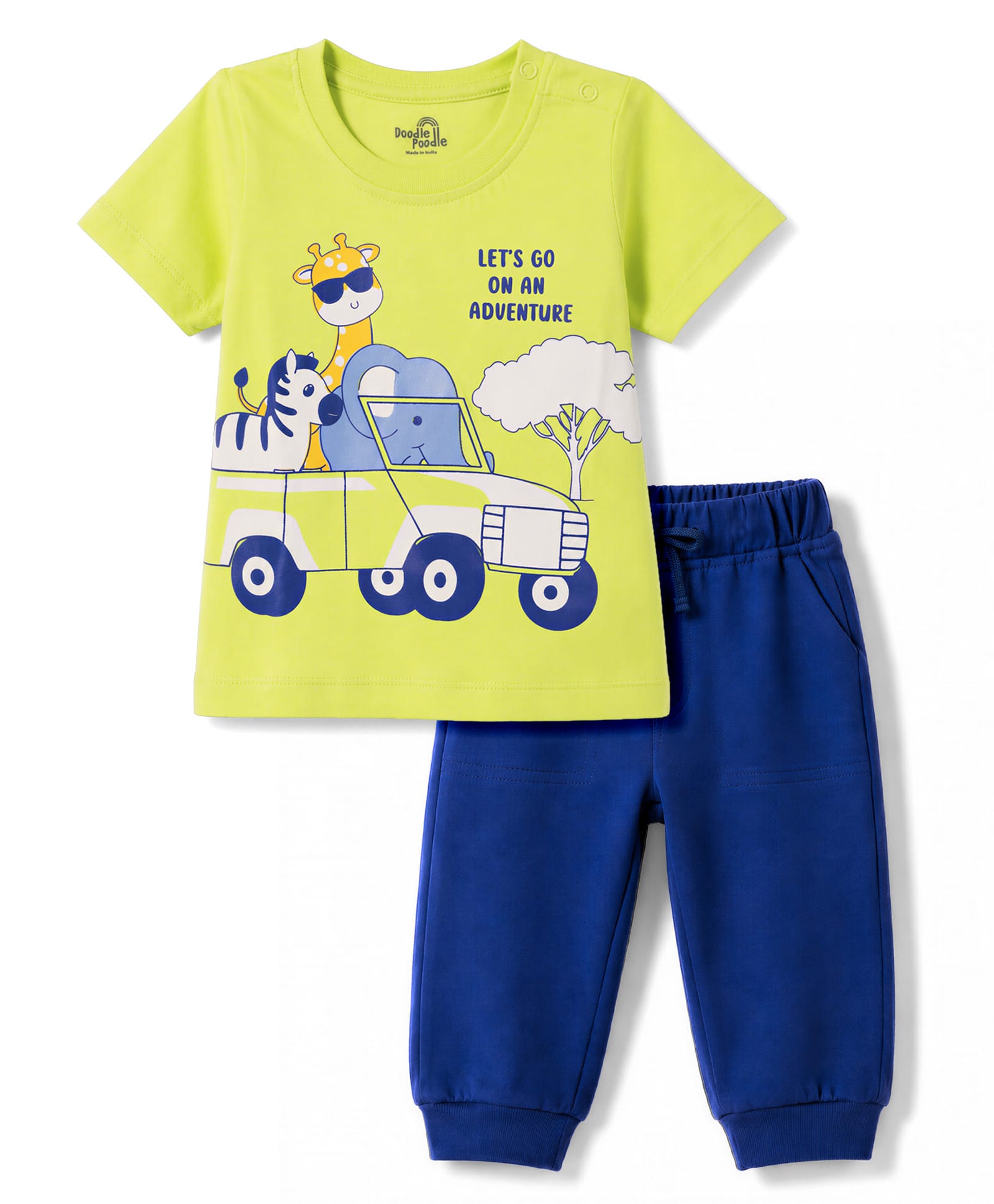 Doodle Poodle Single Jersey Knit Half Sleeves T-Shirt & Joggers With Animal Print - Limegreen-picture-26