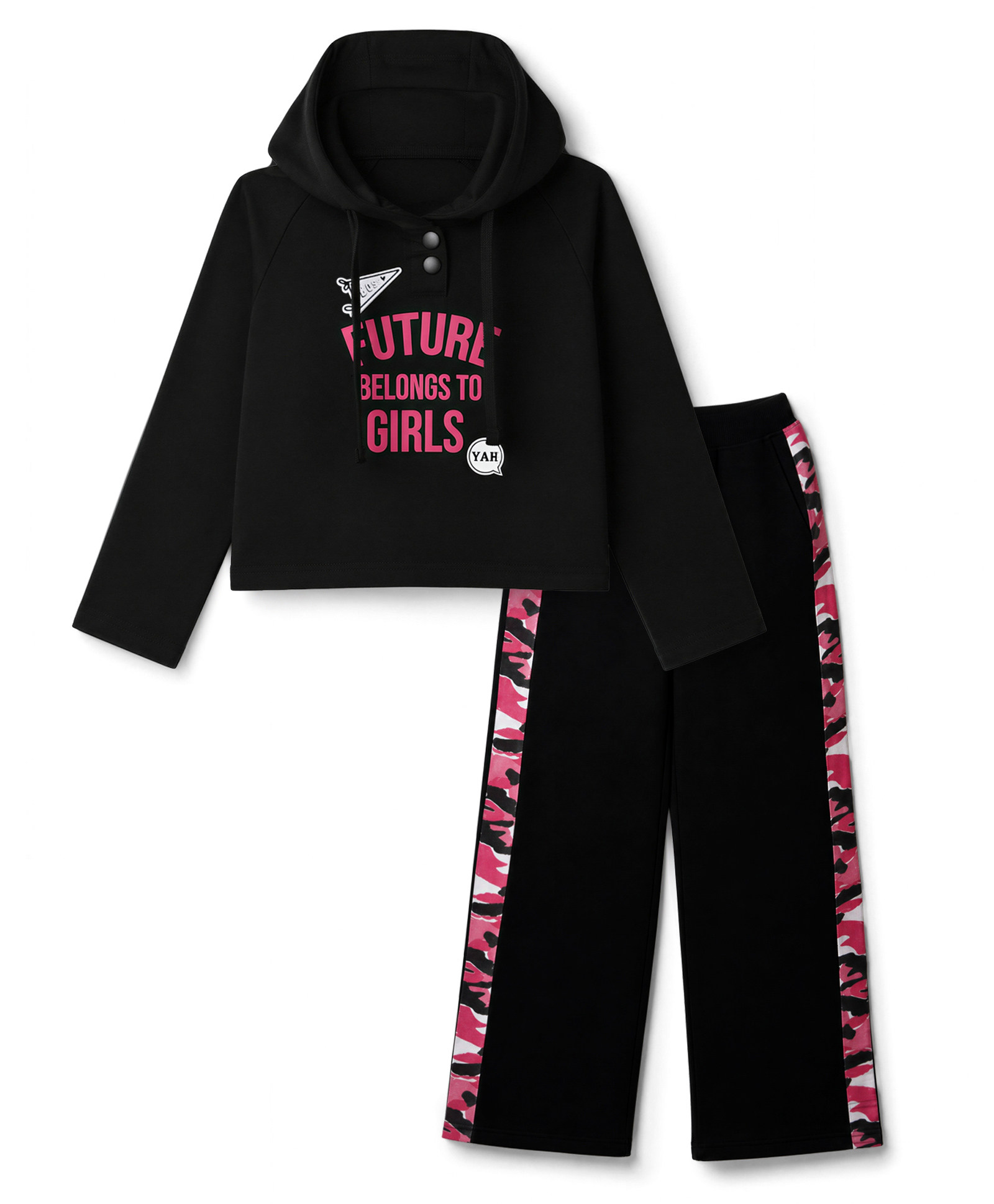 Pine Kids Cotton Looper Knit Full Sleeves Text Printed Hooded Top & Pant Set - Black-picture-16