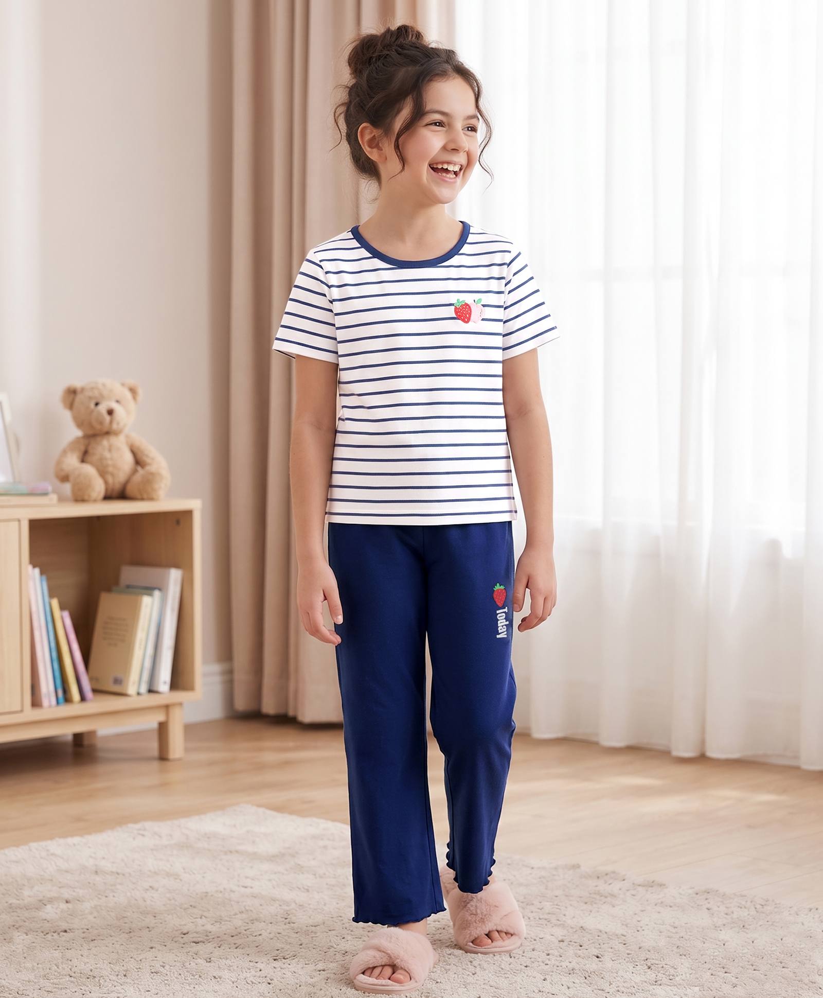 Pine Kids Cotton Knit Half Sleeves Striped T-Shirt & Pyjama Night Suit - White-image-13