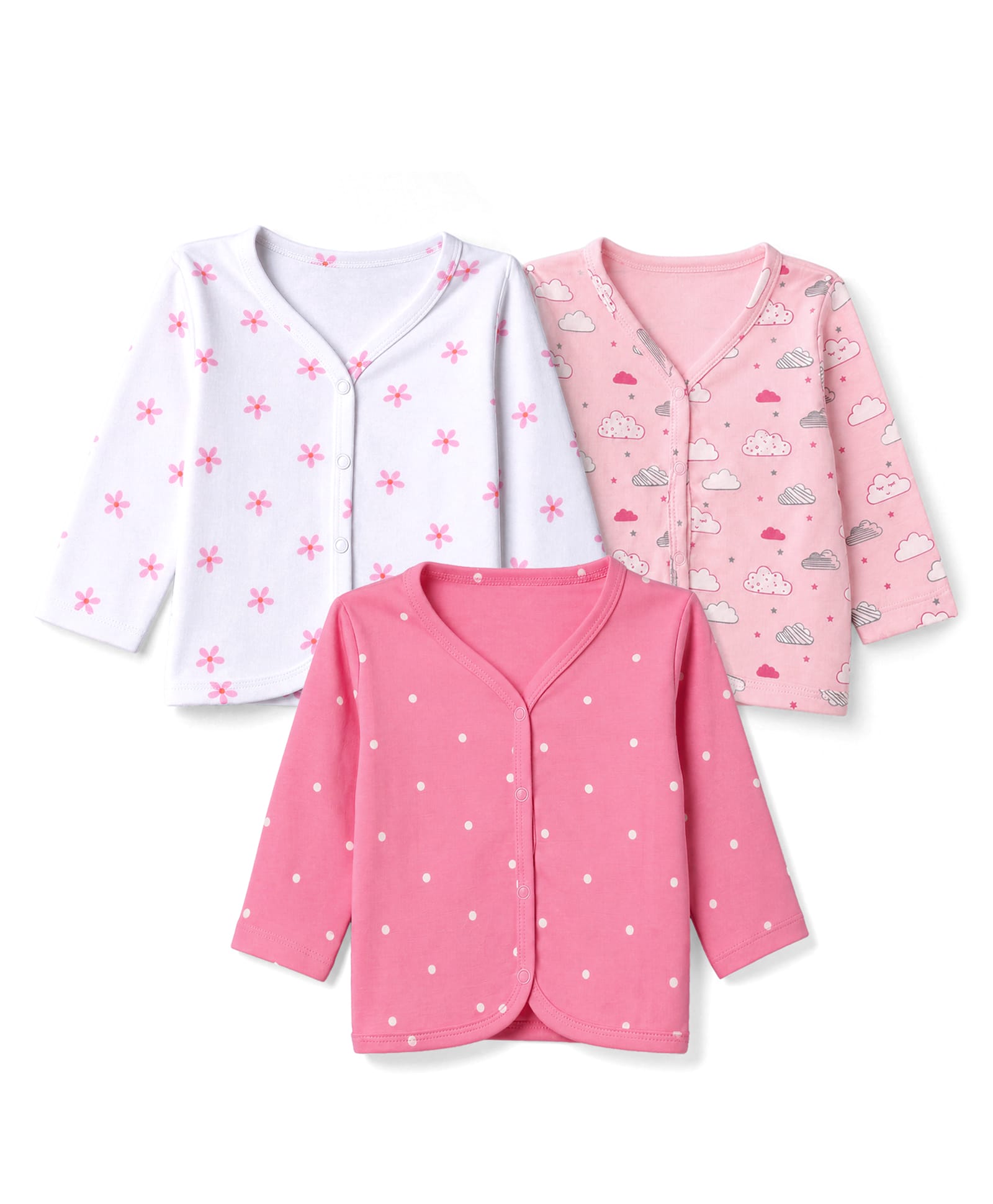 Babyhug 100% Cotton Interlock Knit Full Sleeves Front Open Jhablas With Polka Dot, Cloud & Floral Print Pack of 3 - Pink, Light Pink & White-image-31