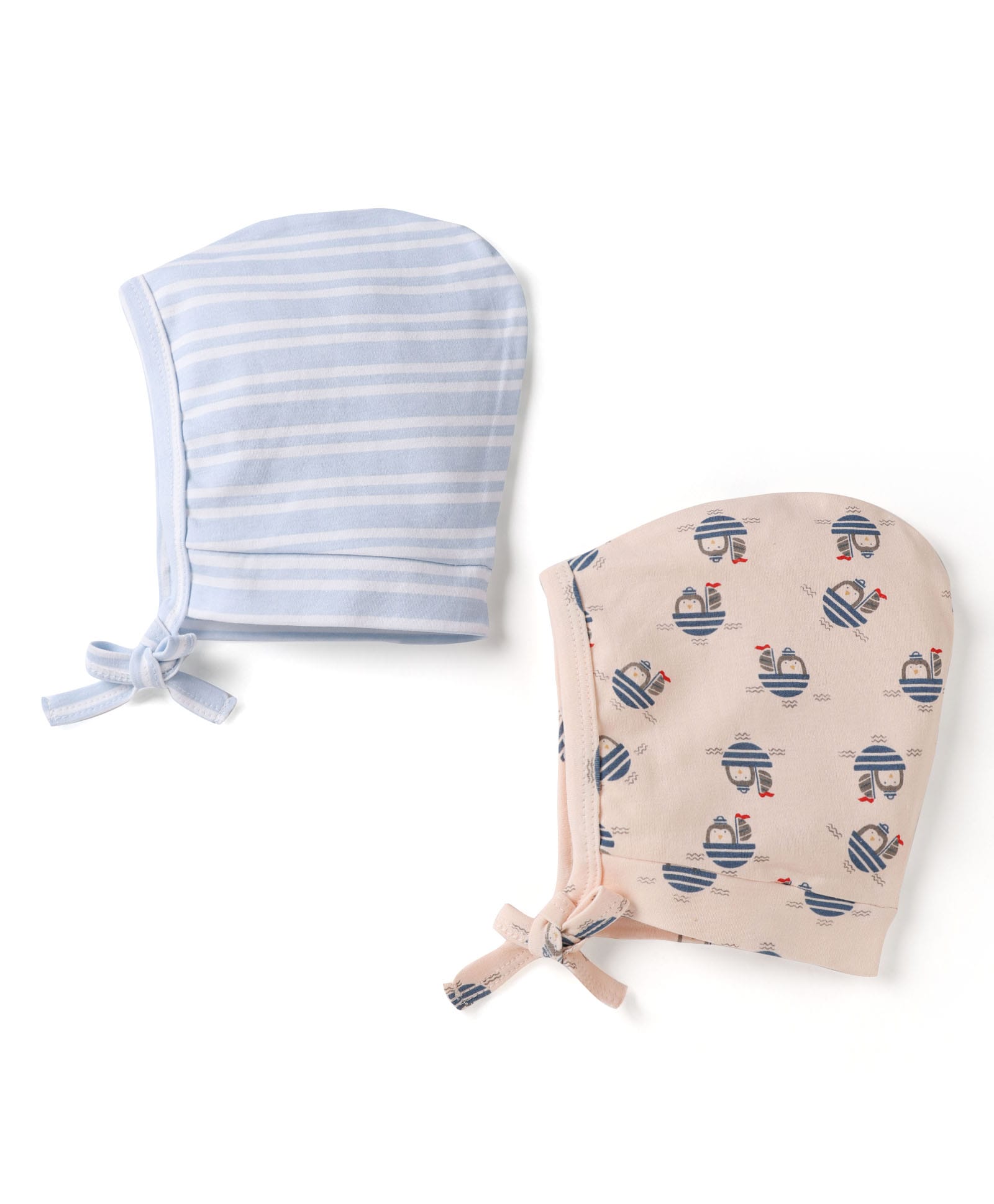 Babyhug 100% Cotton Interlock Knit Striped Baby Caps with Penguin in Boat Print Pack of 2 Blue & Light Pink - Diameter 9.5 cm-image-28