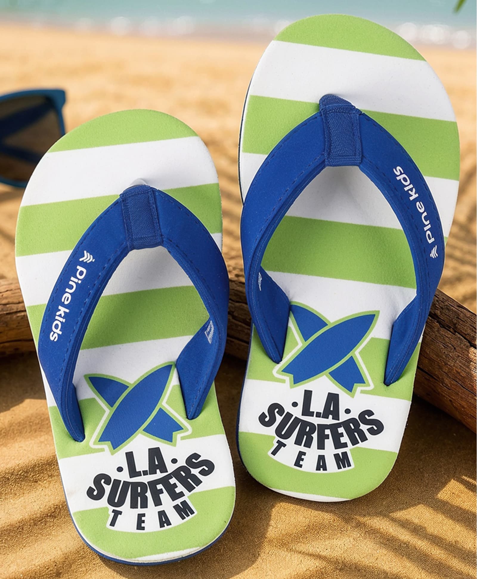 Pine Kids Slip On Striped Flip Flops With Text Print - Green-picture-26
