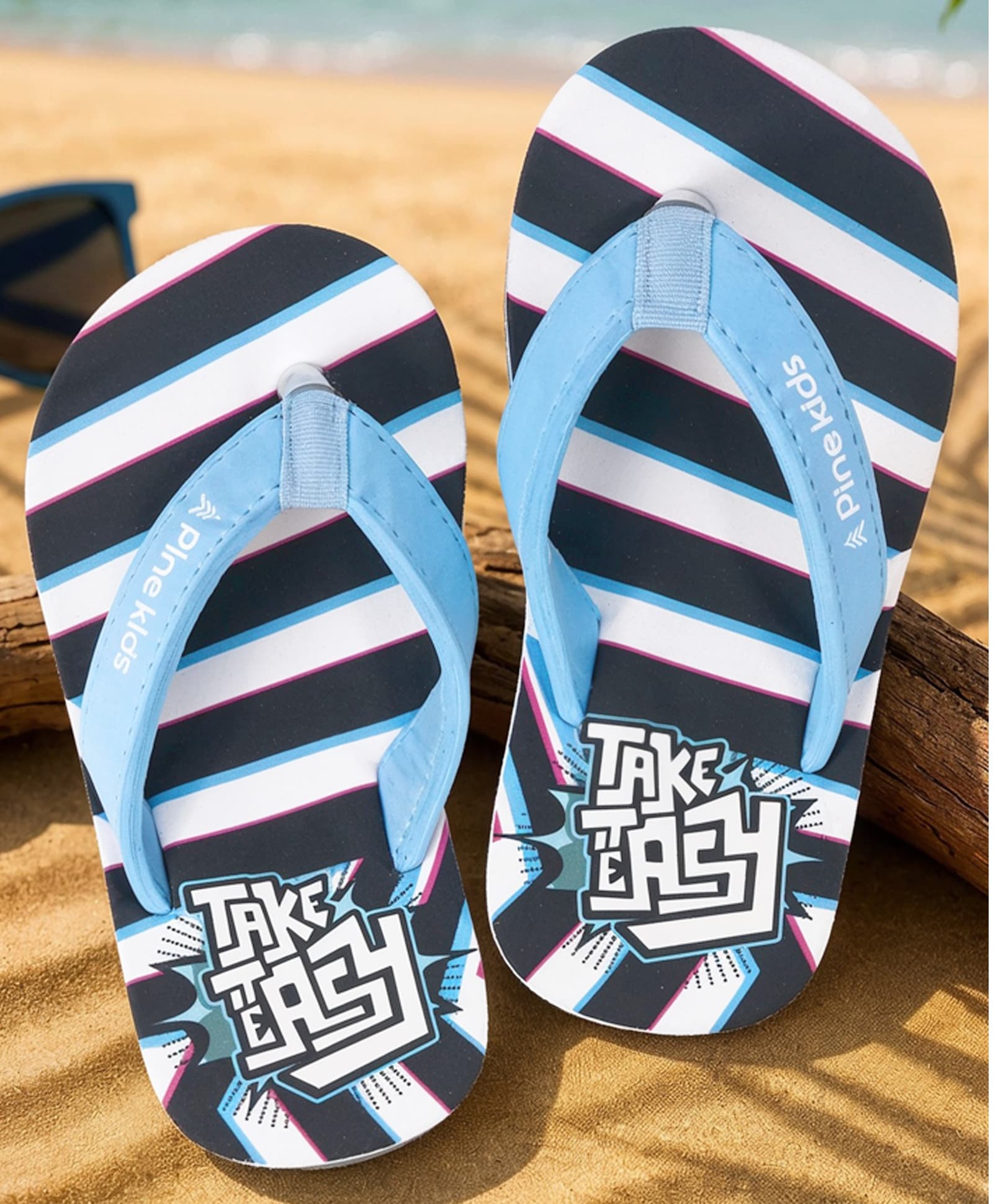 Pine Kids Slip On Striped Flip Flops With Text Print - Black-image-38