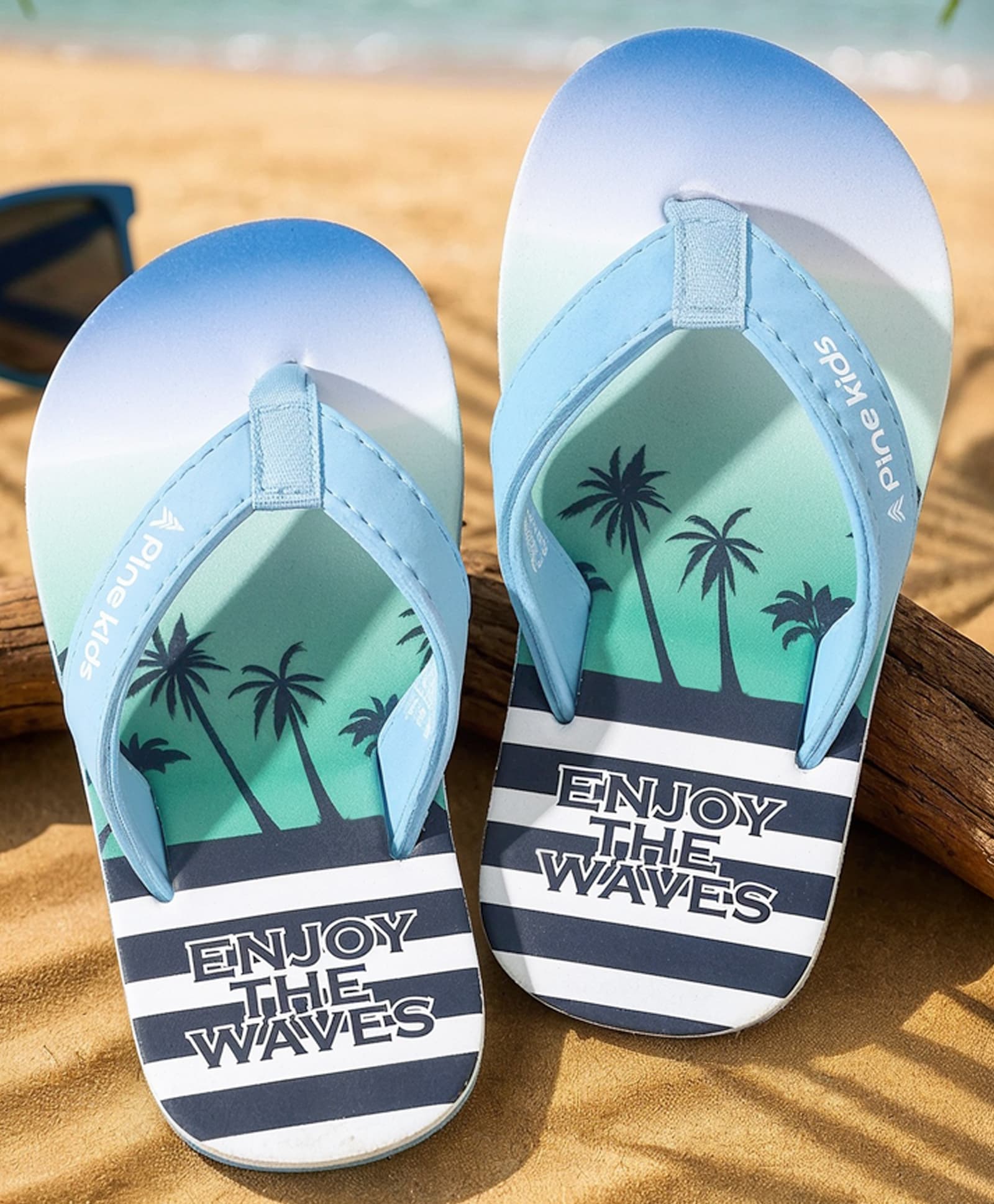 Pine Kids Slip On Striped Flip Flops With Text & Tropical Print - Blue-picture-27