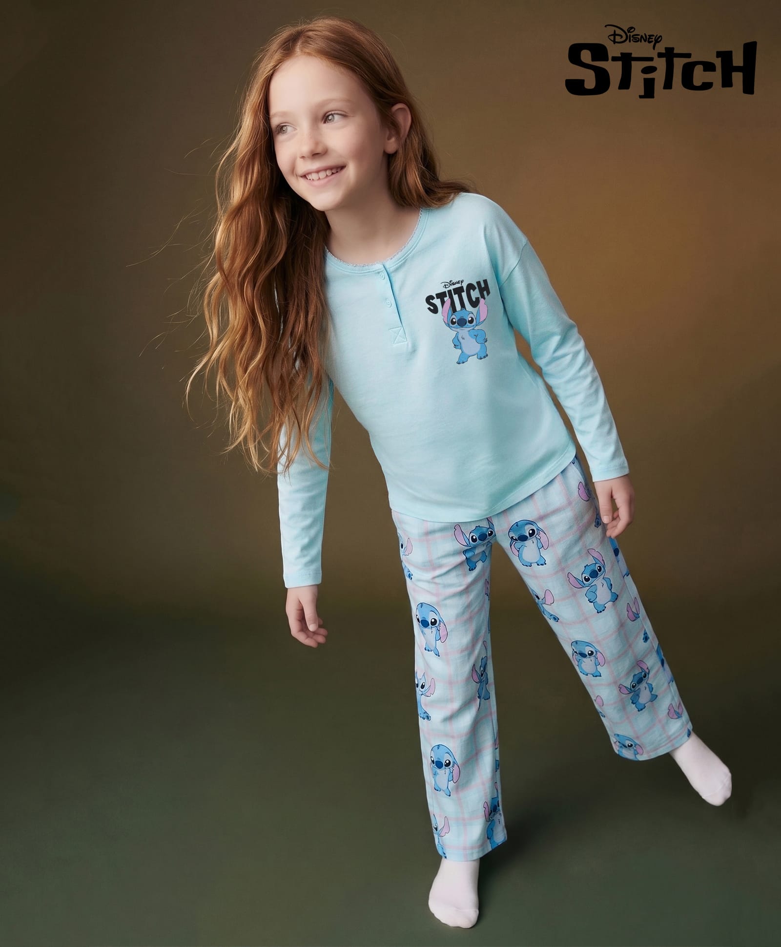 Primo Gino Disney Single Jersey Knit Full Sleeves T-Shirt & Checks Pyjama Night Suit with Stitch Graphics - Sky Blue-image-3