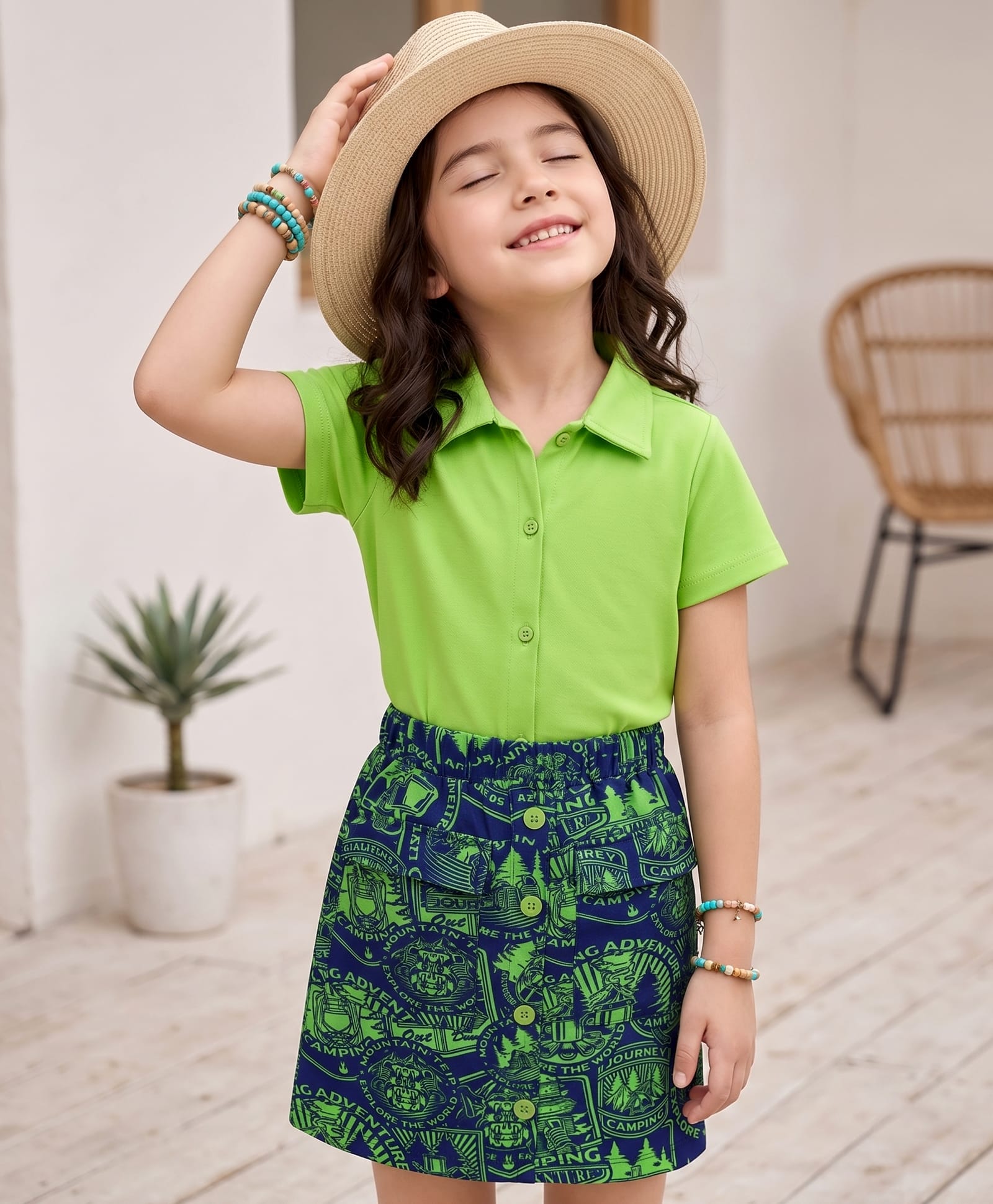 OLLINGTON ST. Cotton Knit Half Sleeves Solid Shirt & Text Printed Skirt Set - Lime & Multicolour-image-40