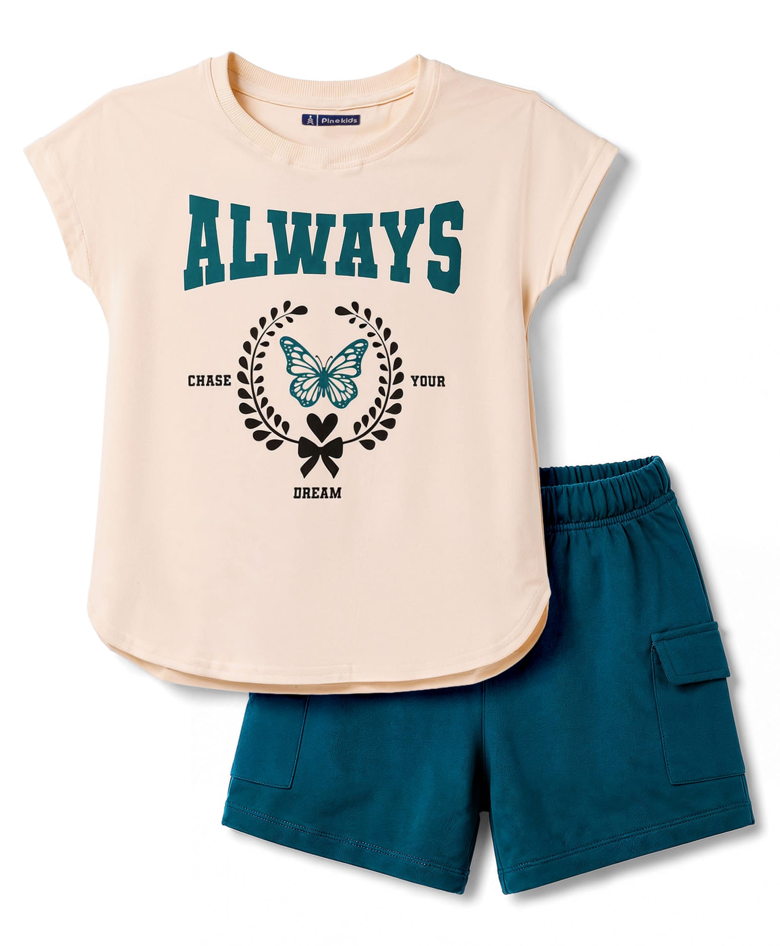 Pine Kids Cotton Knit Half Sleeves Text Printed Top & Shorts Set - Peach & Green-image-36