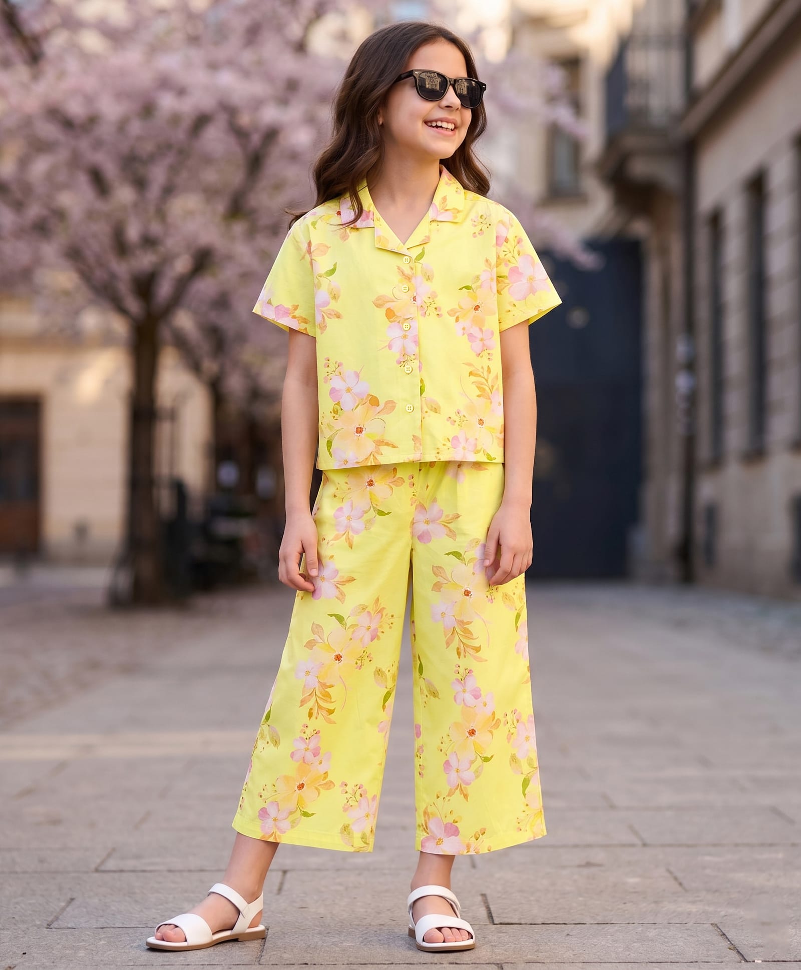Pine Kids Cotton Woven Half Sleeves Floral Printed Top & Pant Set - Lemon Yellow-image-17