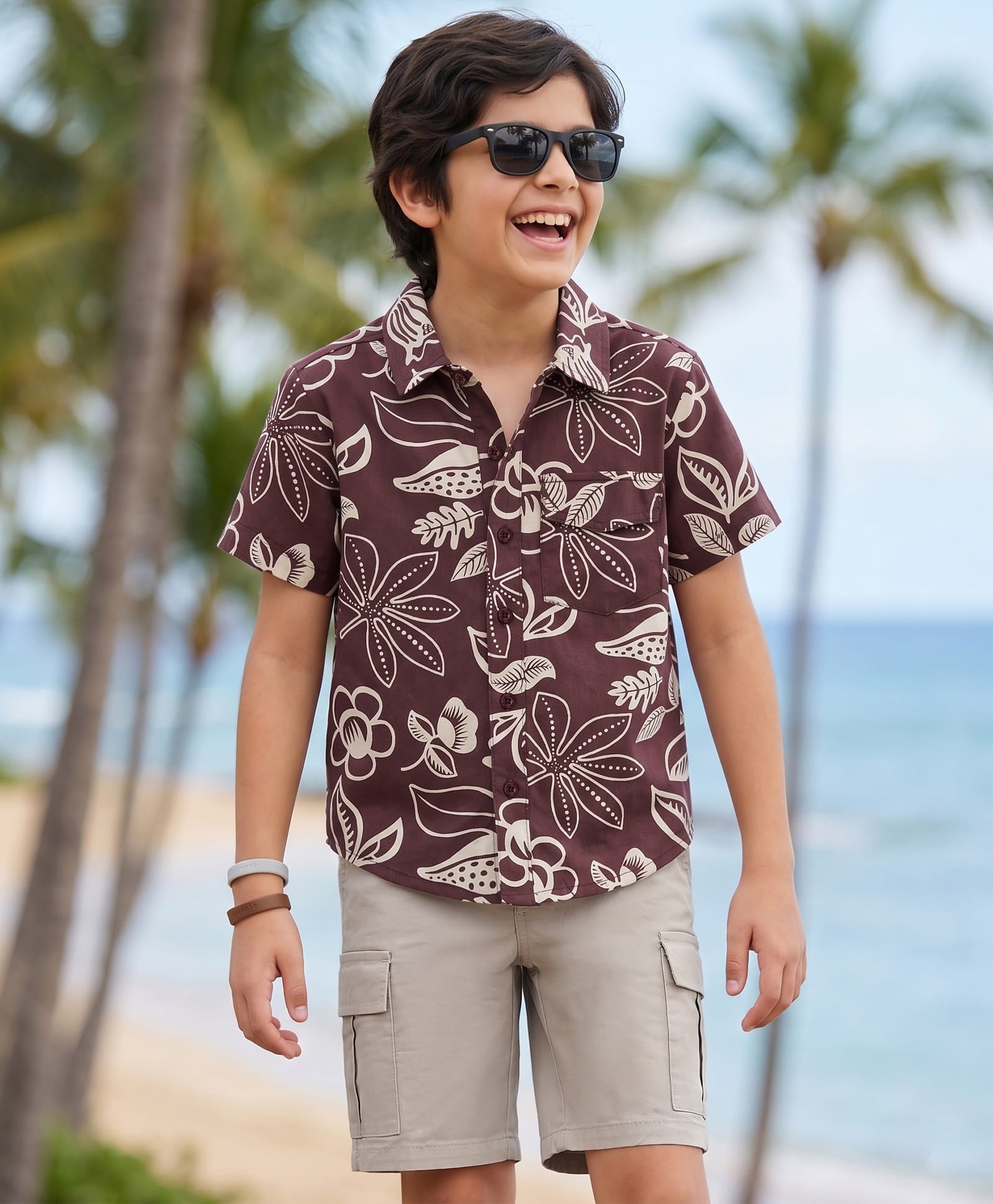 Pine Kids Cotton Knit Half Sleeves Shirt & Bottom Set with Floral Print - Brown-image-34