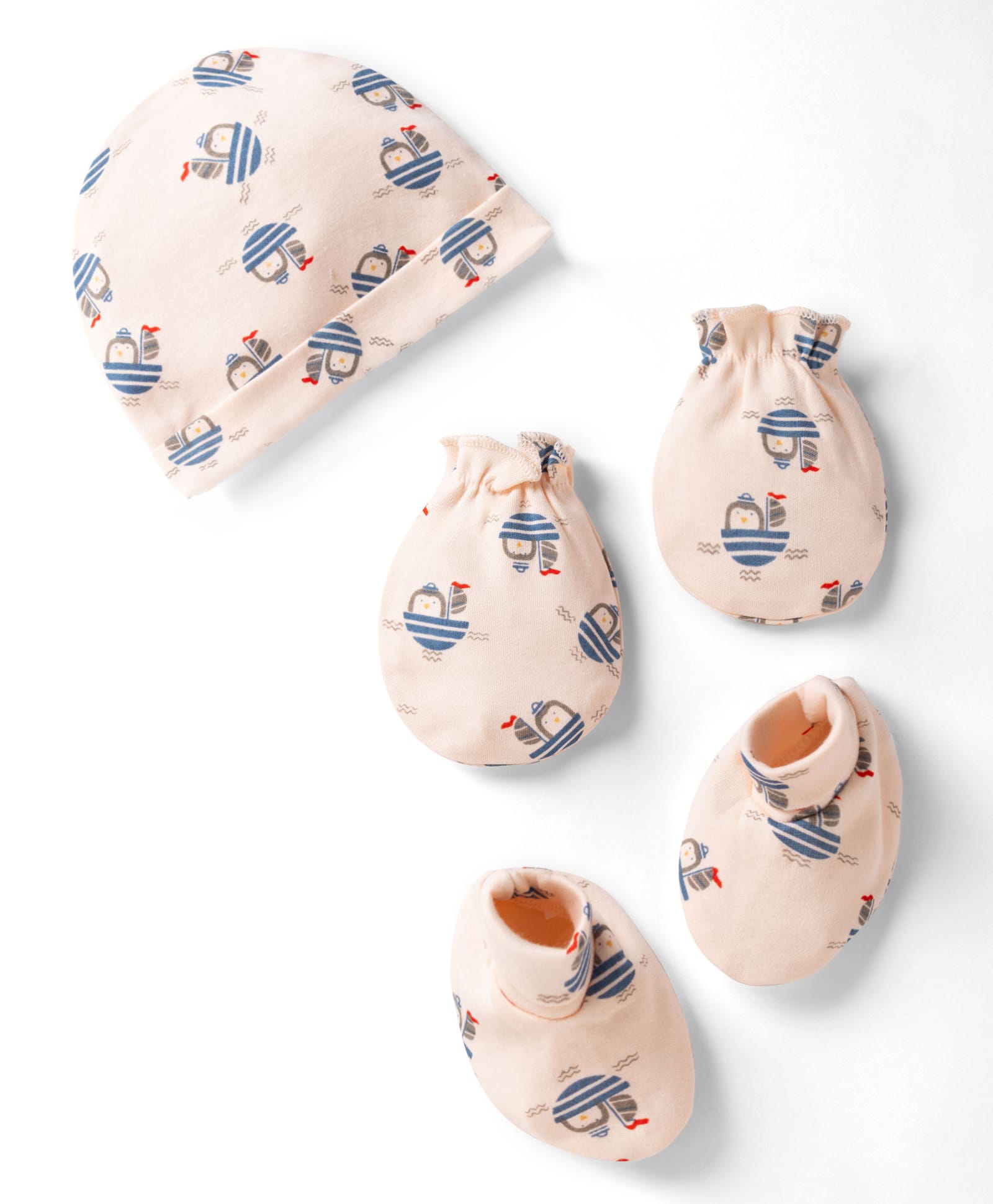 Babyhug 100% Cotton Interlock Knit Cap , Mittens & Booties with Penguin in Boat Print Light Pink - Diameter 9 cm-image-47