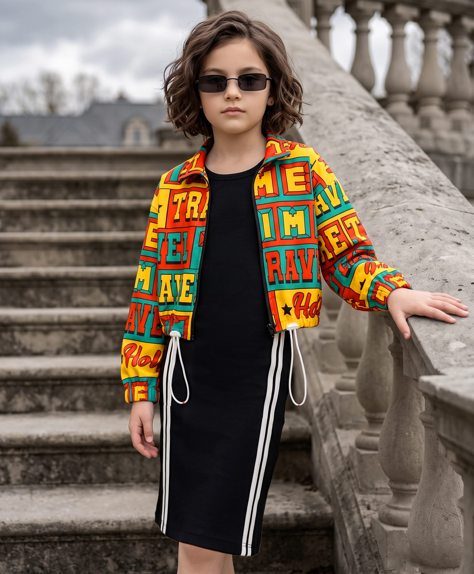 Ollington St. Cotton Looper Knit Rib Knit Dress and Jacket with Full Sleeves and Typography Print - Black-image-1