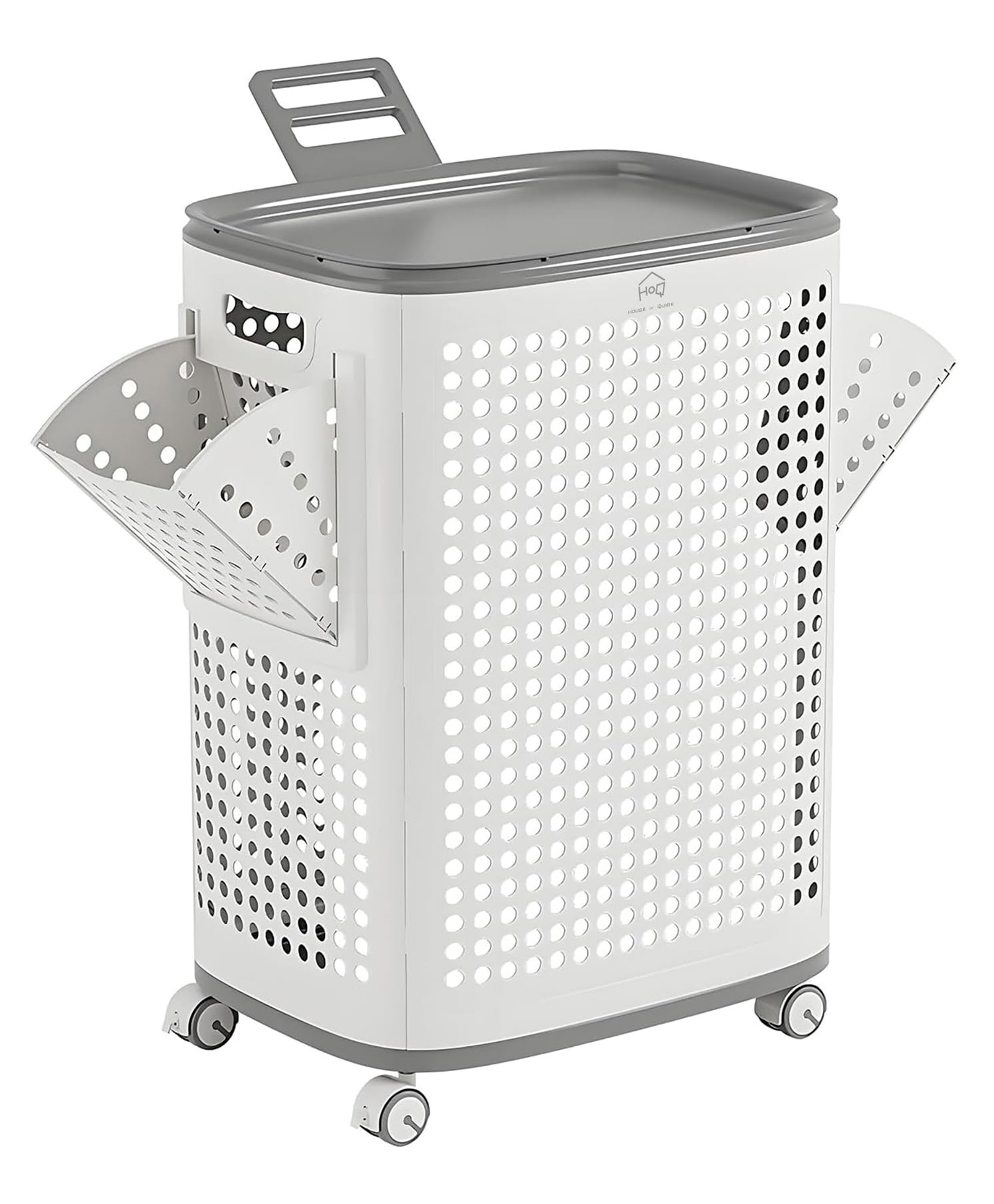 House of Quirk 70L Rolling Laundry Hamper with Lid Large Perforated Plastic Basket with Wheels & Handle Portable Clothes Storage Bin White-image-3