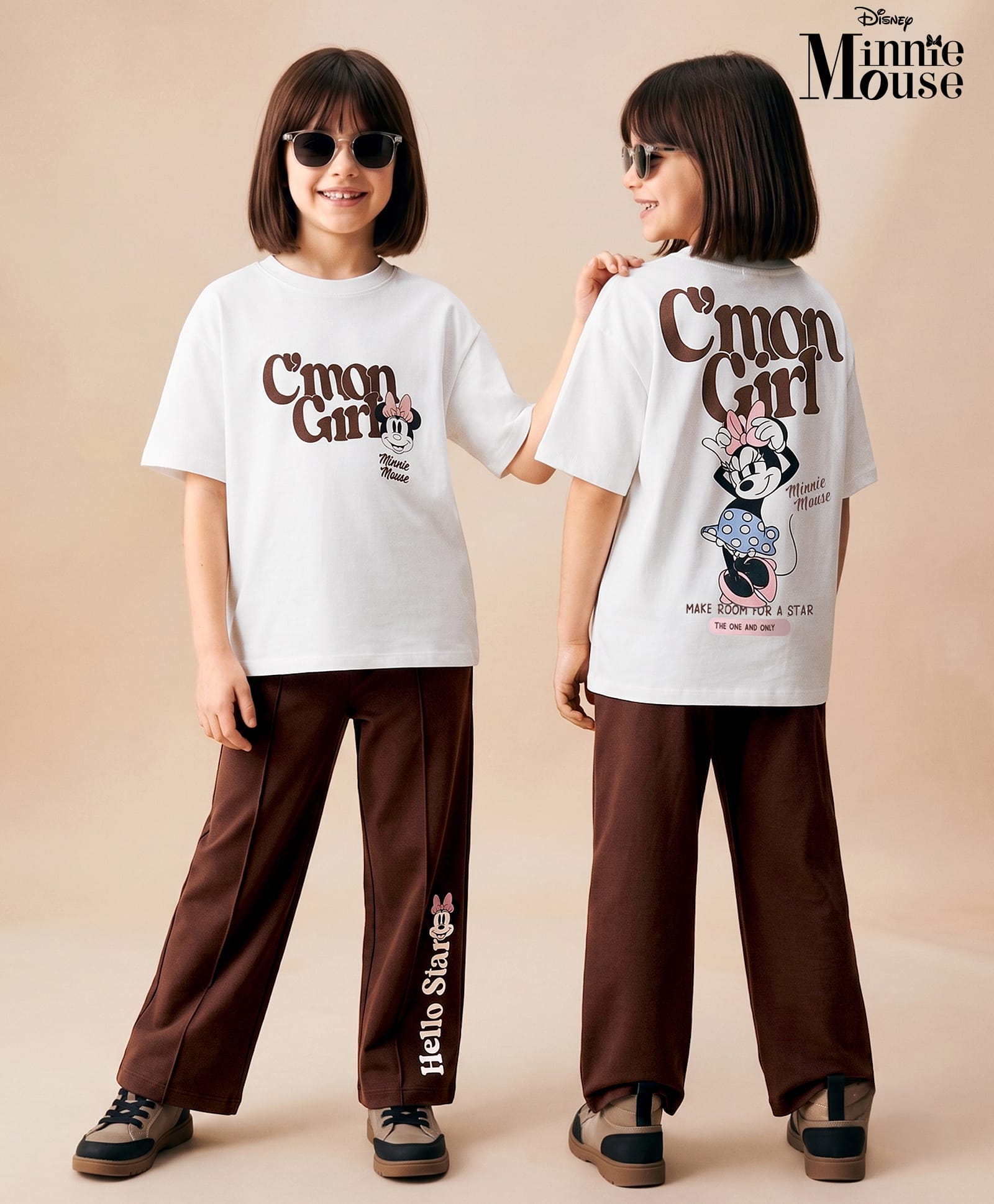 Primo Gino Disney Cotton Single Jersey Knit Half Sleeves T-Shirt & Pant Set With Front & Back Minnie Mouse Graphics - White & Brown-image-35