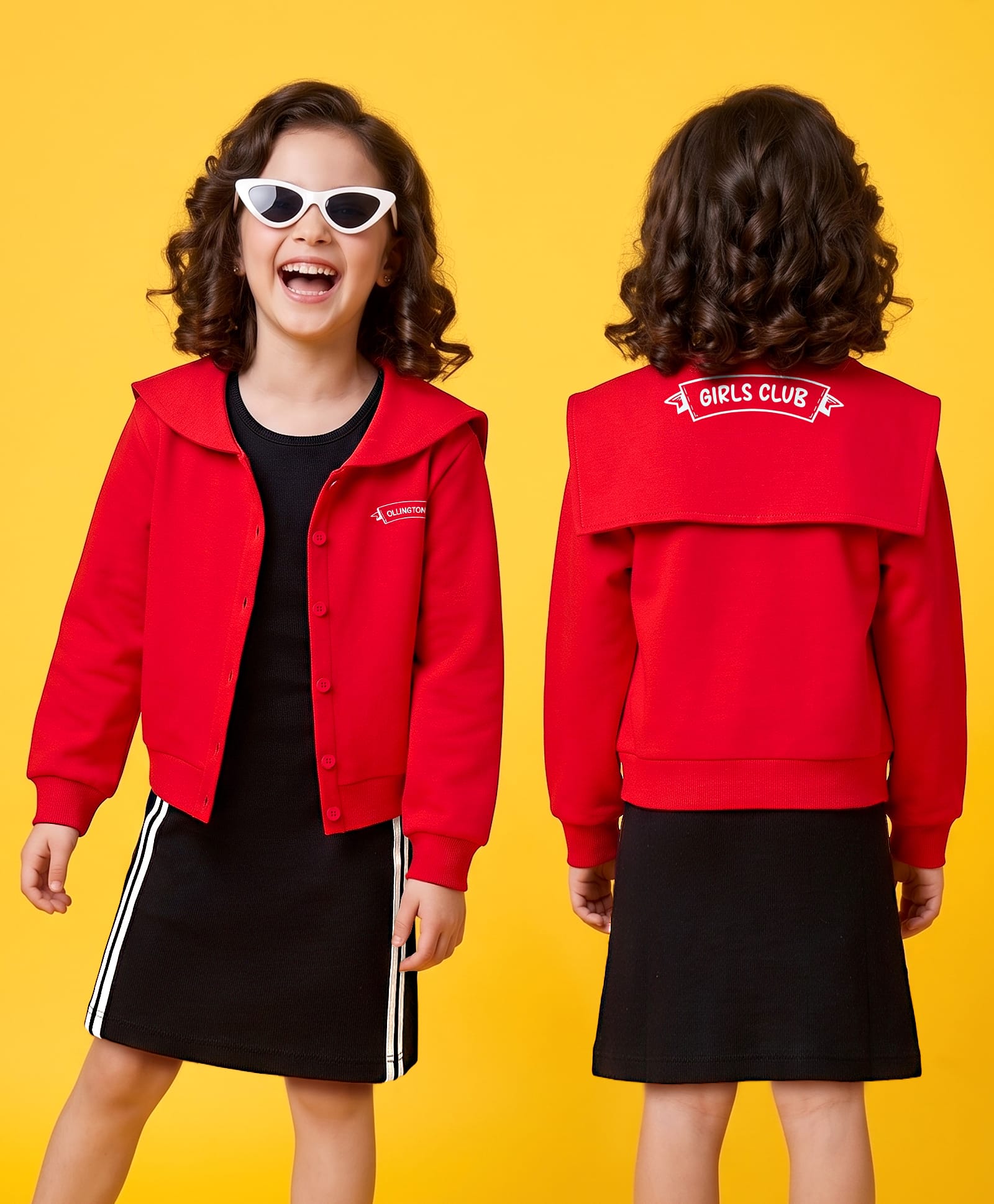 Ollington St. Cotton Rib Looper Knit Full Sleeves Frock with Jacket & Girls Club Text Print - Red-image-2