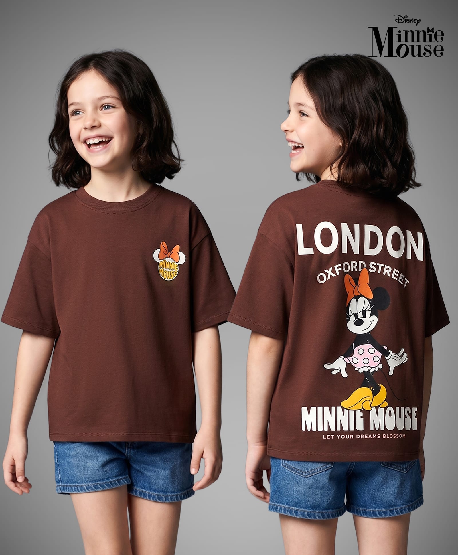 Primo Gino Disney Cotton Knit Half Sleeves T-Shirts with Front & Back Minnie and Friends Print- Brown-picture-15