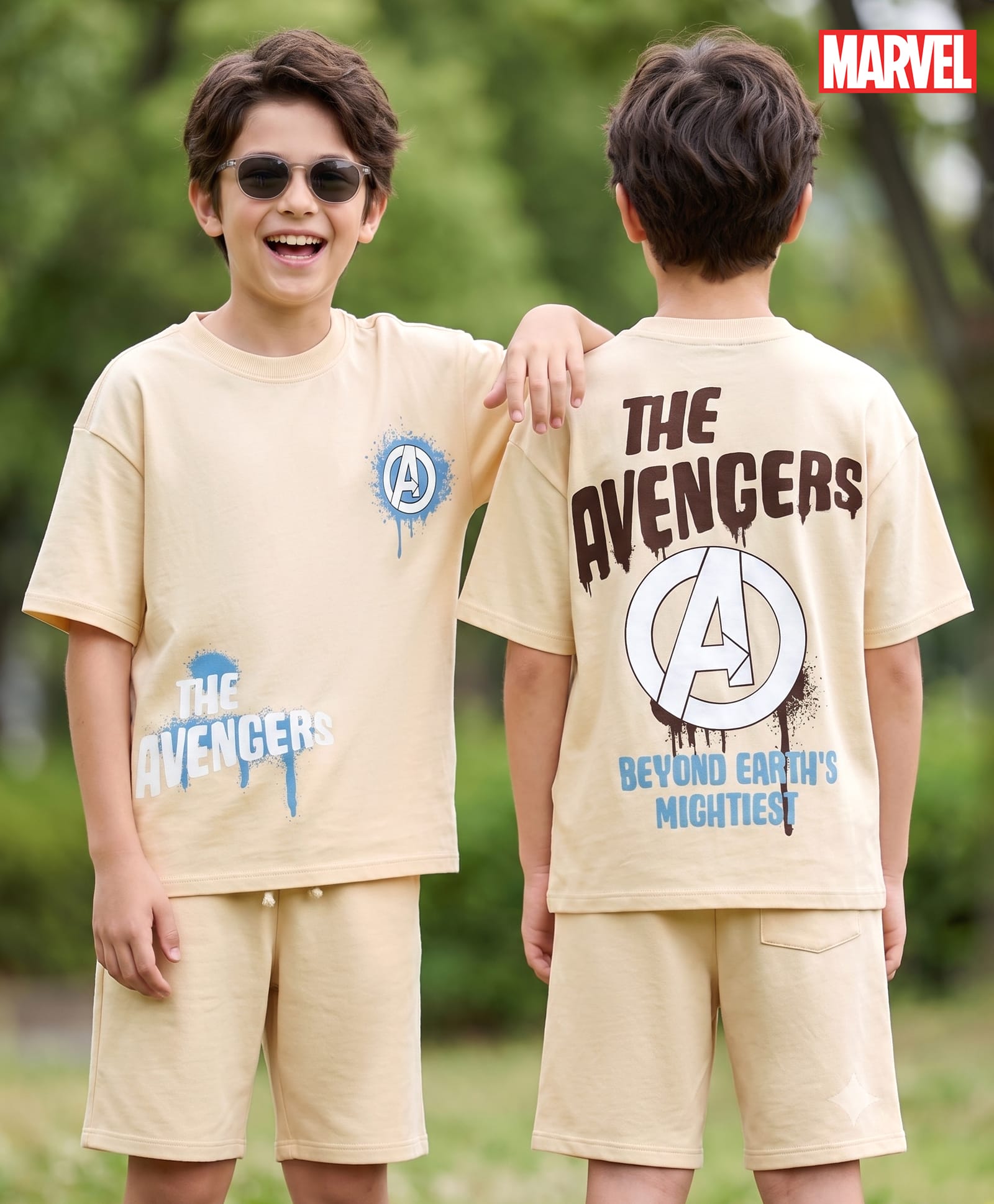 Primo Gino Marvel 100% Cotton Knit Half Sleeves T-Shirt & Shorts Set With Front & Back Avengers Graphics - Beige-image-4