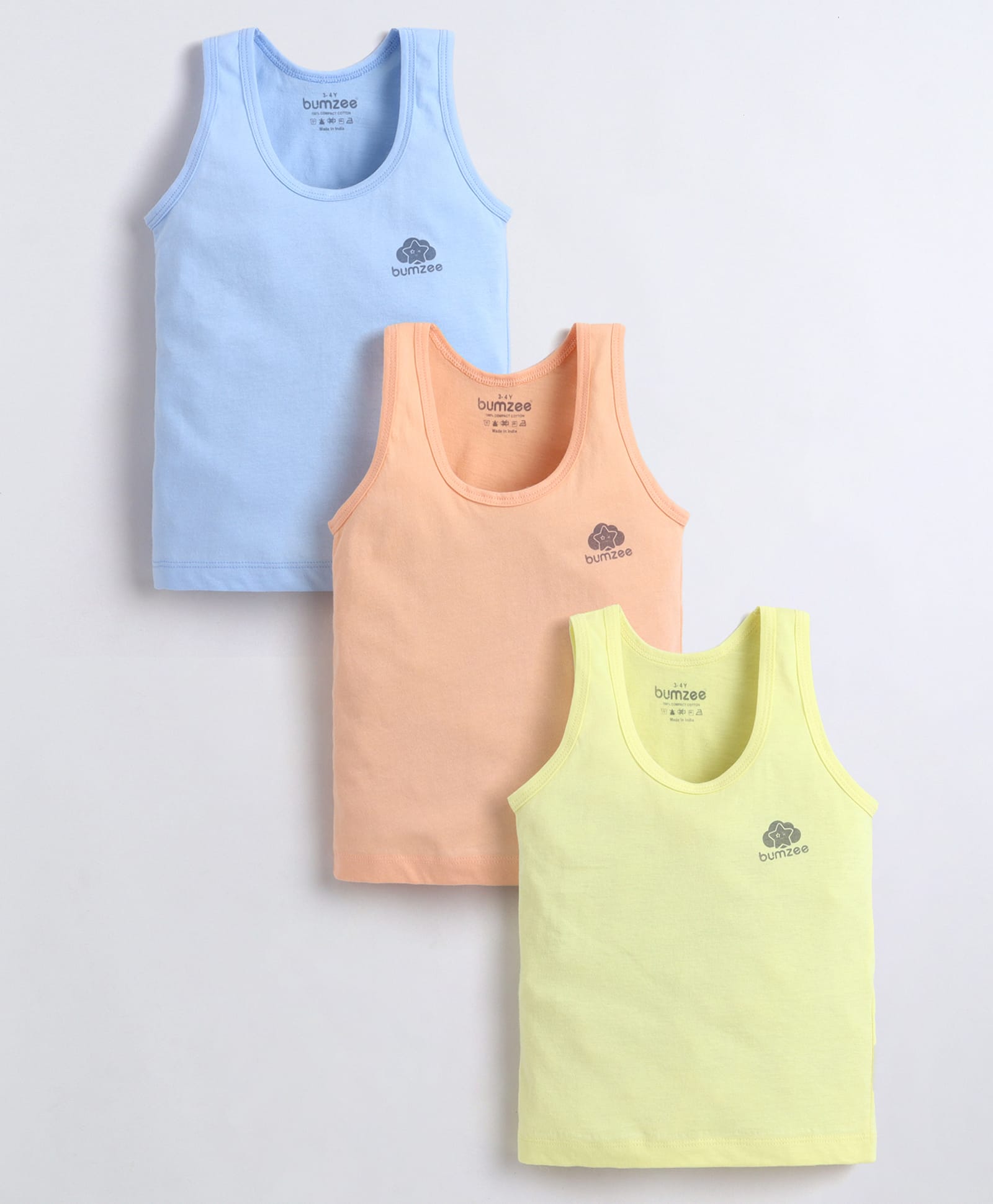 BUMZEE Cotton Knit Solid Color Sleeveless Vest Pack of 3 - Yellow Peach & Sky Blue-image-34
