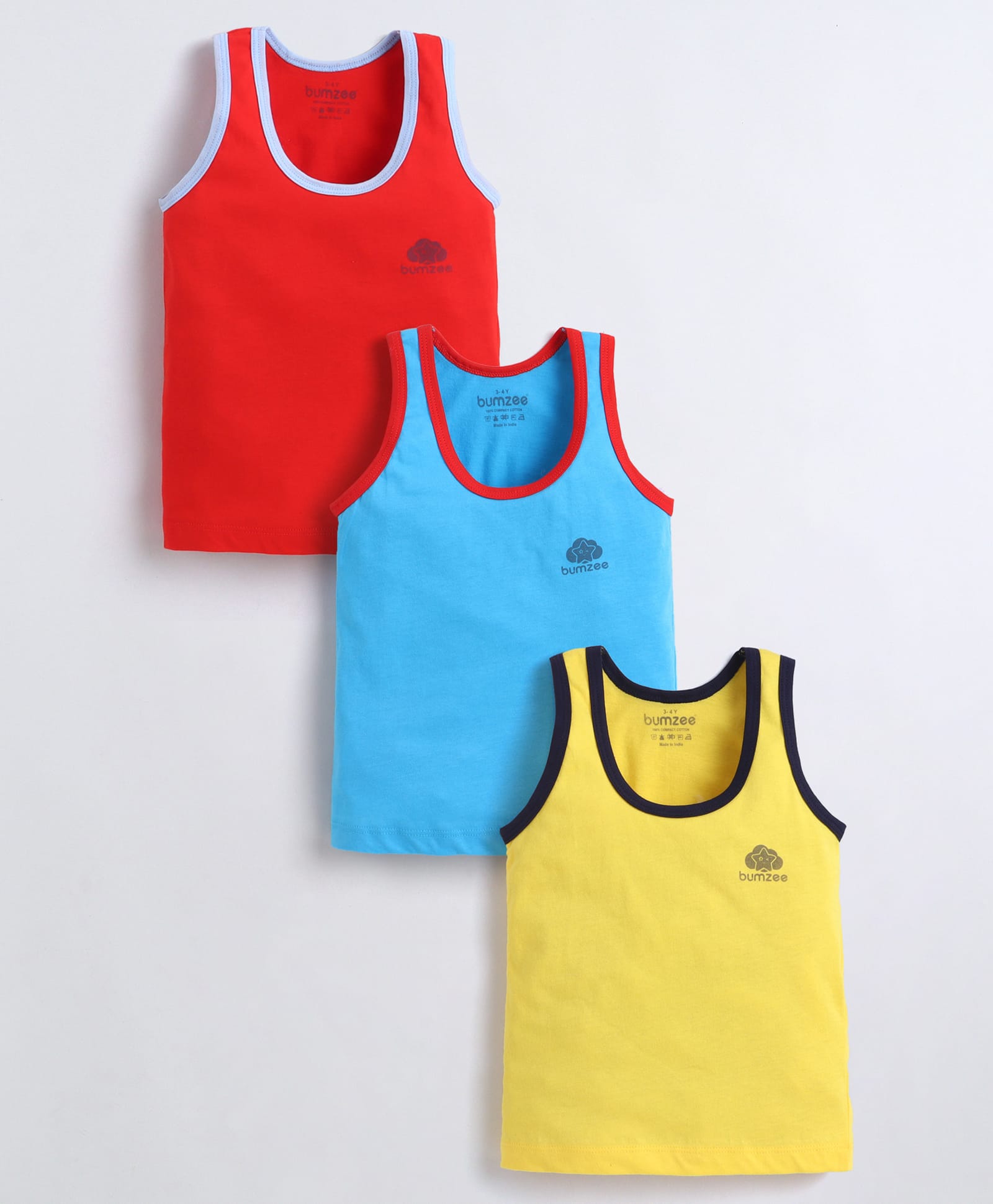 BUMZEE Cotton Knit Sleeveless Solid Color Vest Pack of 3 - Red & Blue-picture-1