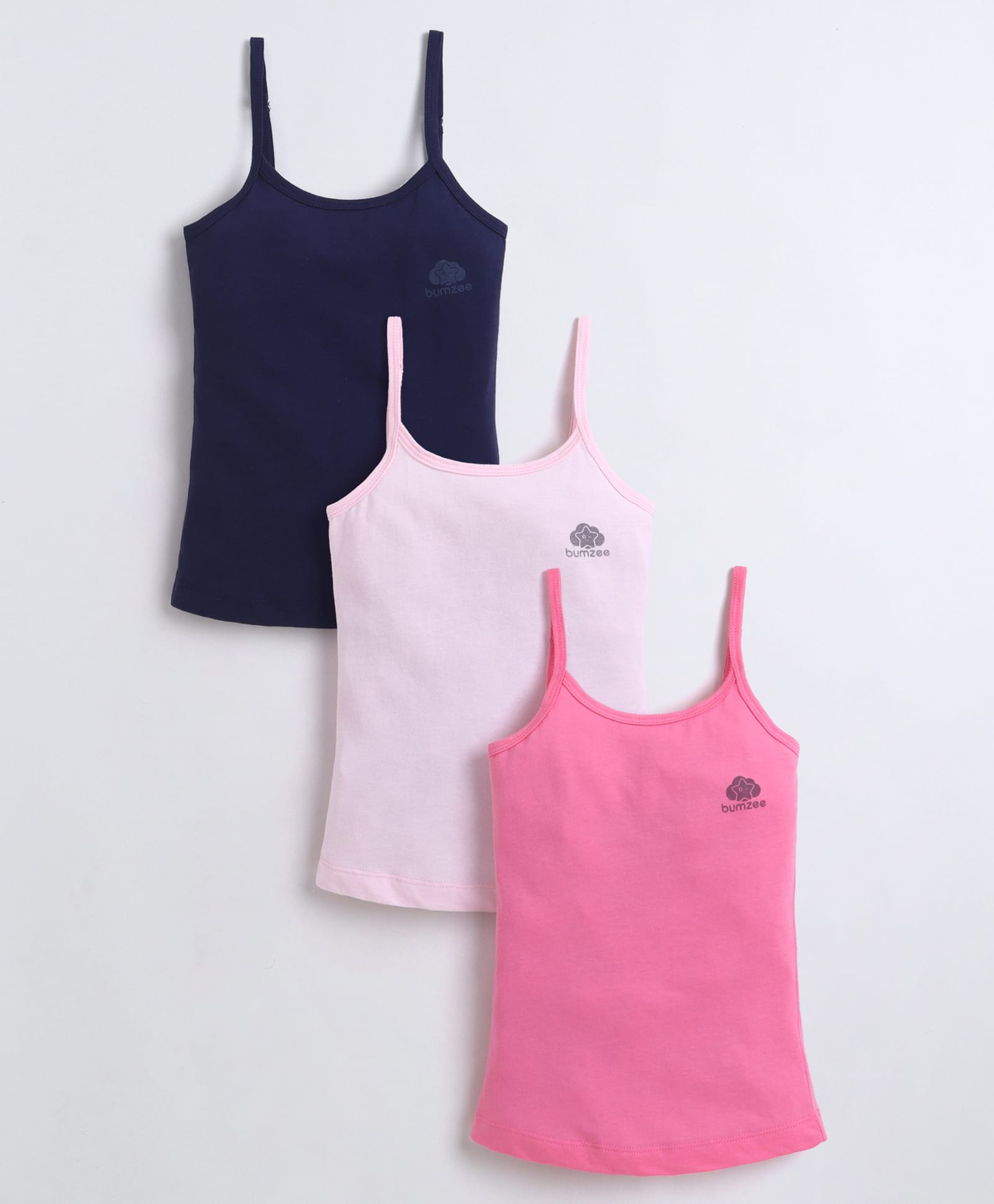 BUMZEE Cotton Knit Sleeveless Solid Color Camisole Slips Pack Of 3 - Pink & Navy Blue-image-35