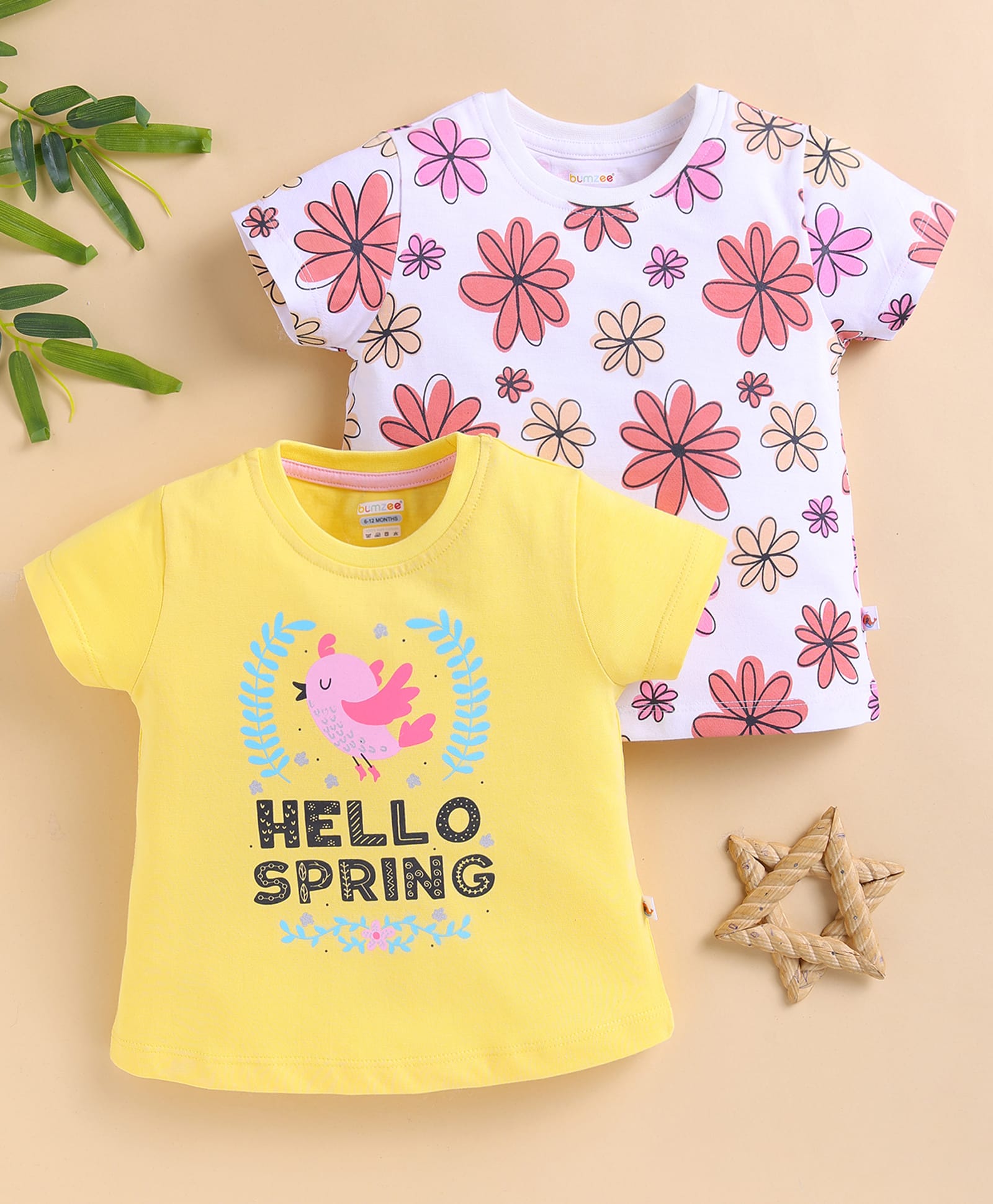 BUMZEE Cotton Knit T-Shirts Flowers Print Half Sleeves Yellow 6-12 Months Pack of 2-image-37