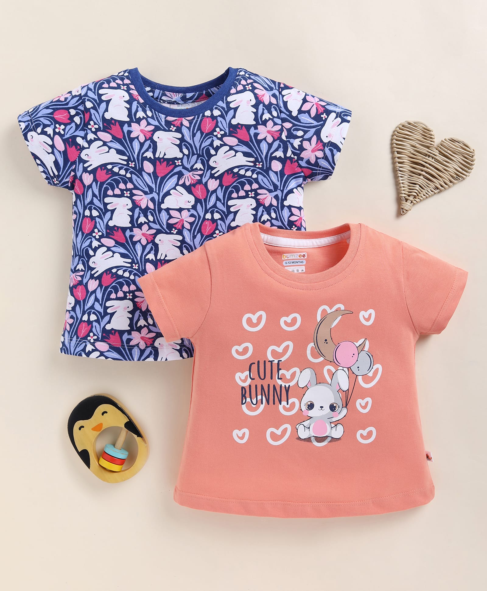 BUMZEE Cotton Knit Rabbit Print Half Sleeves T-Shirt Orange 6-12 Months Pack of 2-picture-16