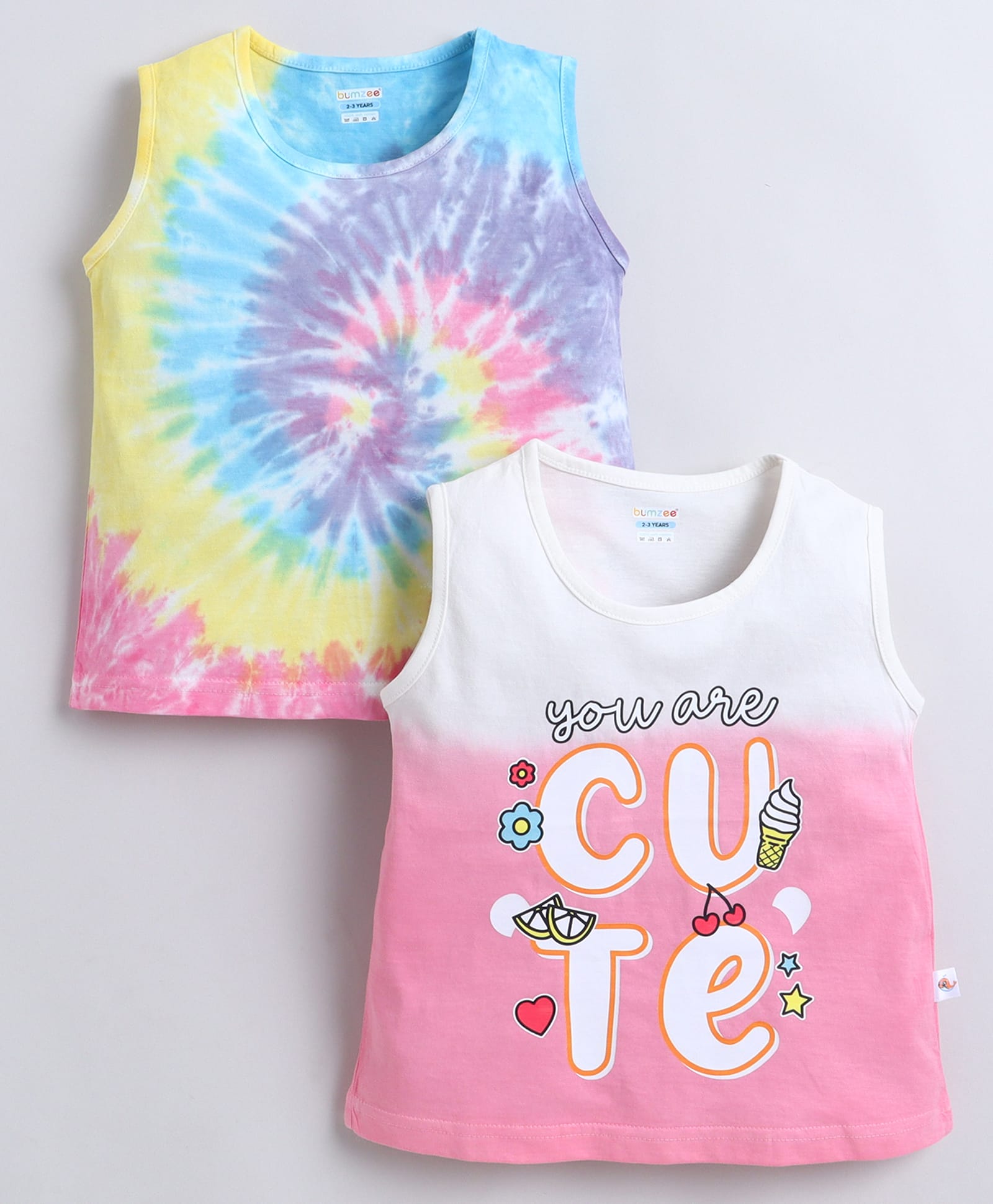 BUMZEE Cotton Knit Sleeveless Tie & Dye With Text Print T-Shirt Multi Color 3-4 Years Pack of 2-image-17