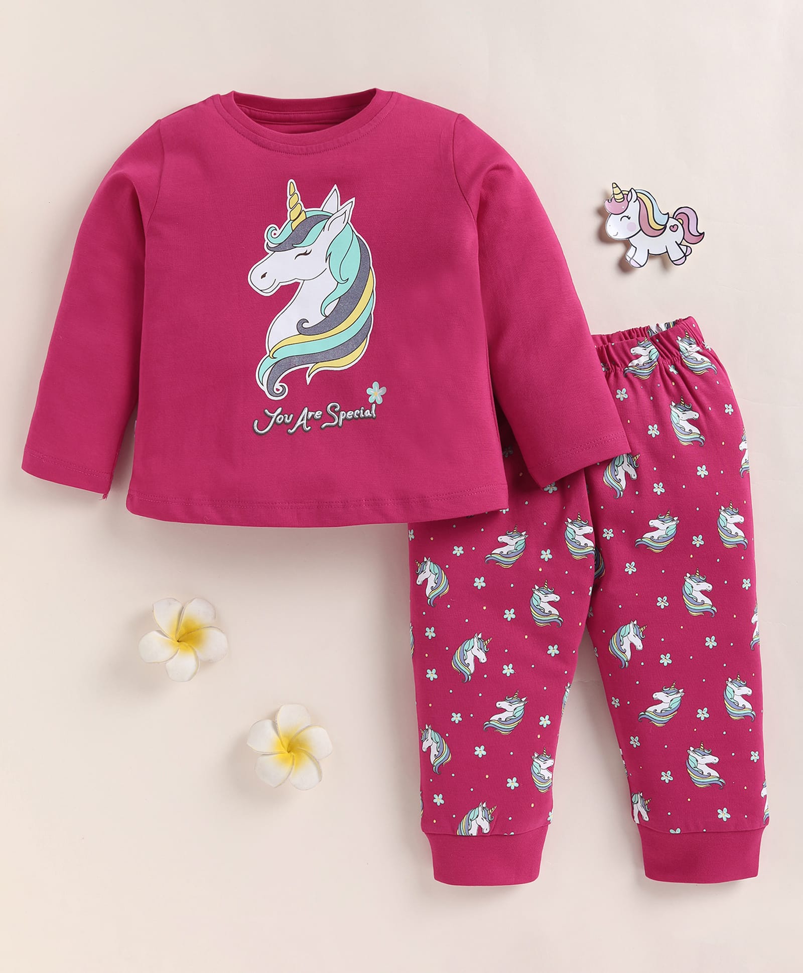 BUMZEE Cotton Knit Full Sleeves T-Shirt & Pyjama Night Suit With Unicorn Print - Pink-image-41
