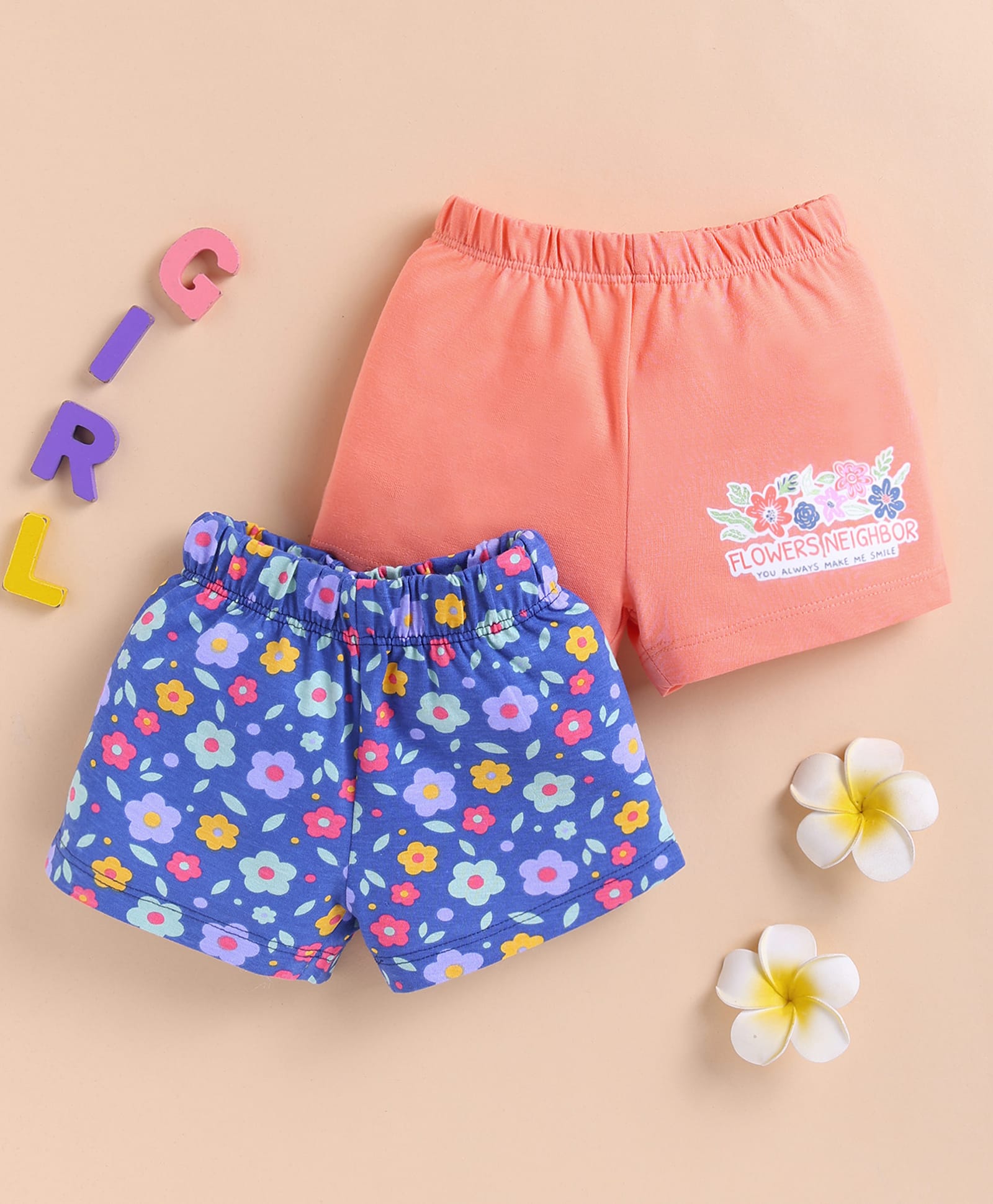 BUMZEE Cotton Knit Above Knee Length Shorts With Floral Print Pack of 2 - Orange & Navy Blue-picture-25