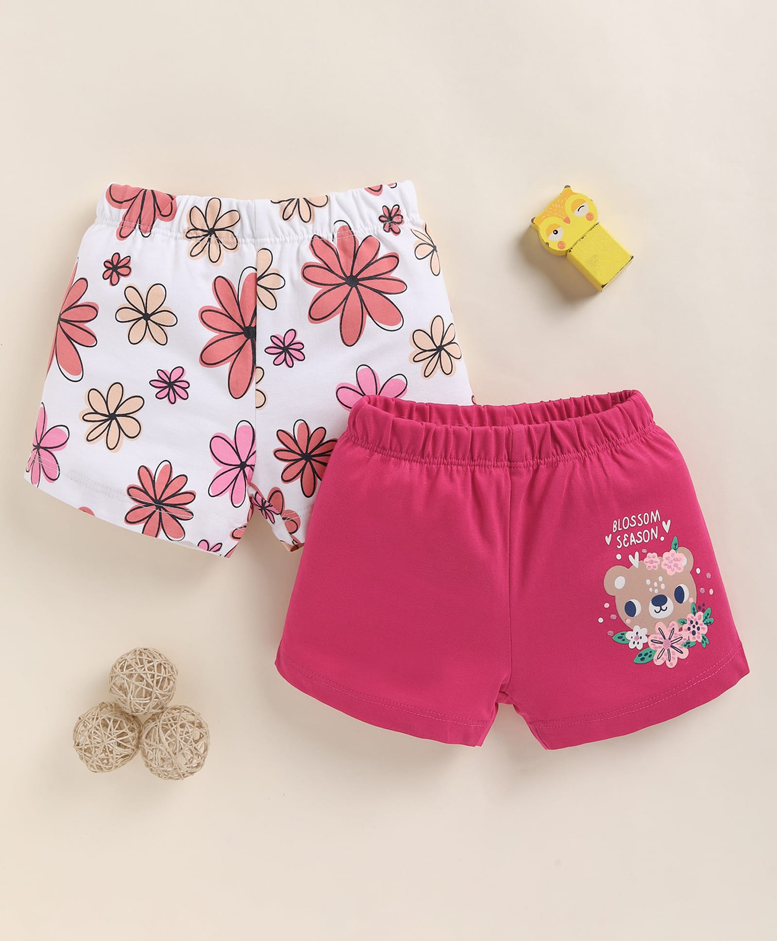 BUMZEE 100% Cotton Knit Above Knee Length Floral & Bear Printed Shorts Pack Of 2 - Dark Pink & White-picture-15