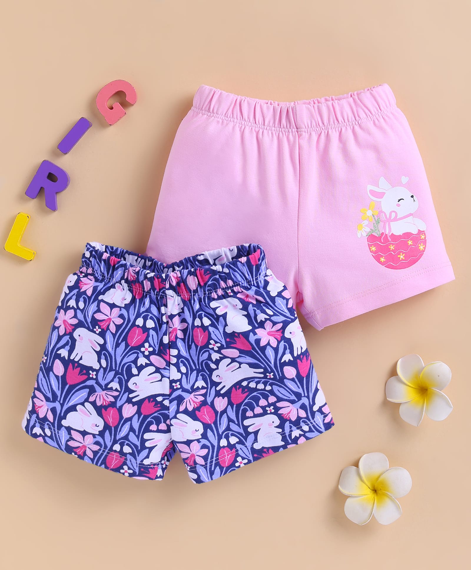 BUMZEE Cotton Knit Above Knee Length Shorts With Bunny Print Pack of 2 - Pink & Navy Blue-image-49