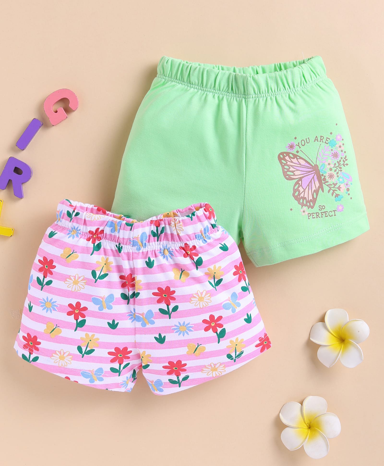 BUMZEE Cotton Knit Above Knee Length Shorts With Floral & Butterfly Print Pack of 2 - Green & Pink-picture-23