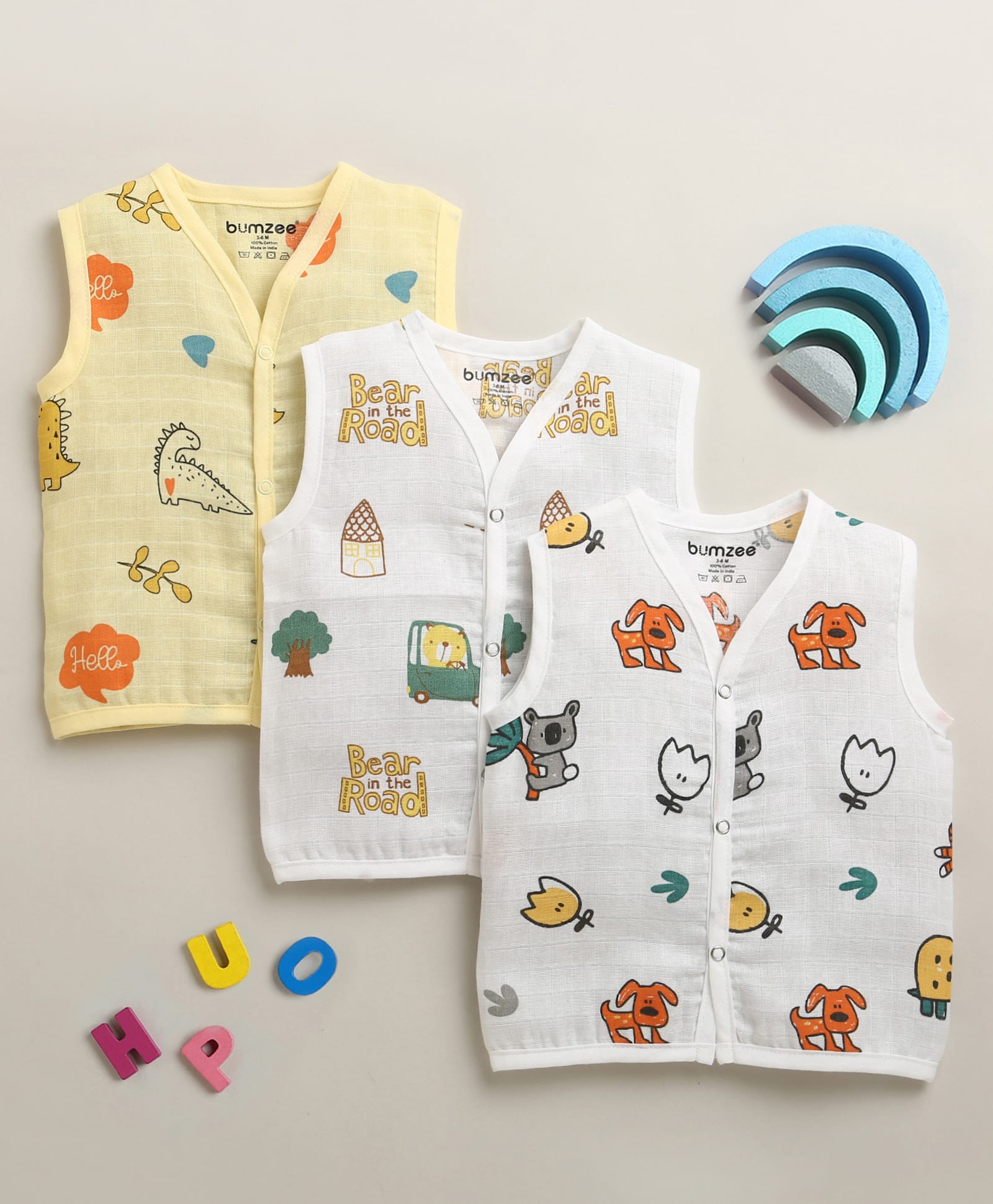 BUMZEE Muslin Cotton Woven Sleeveless Dino Printed Jhablas Pack Of 3 - White & Yellow-image-46