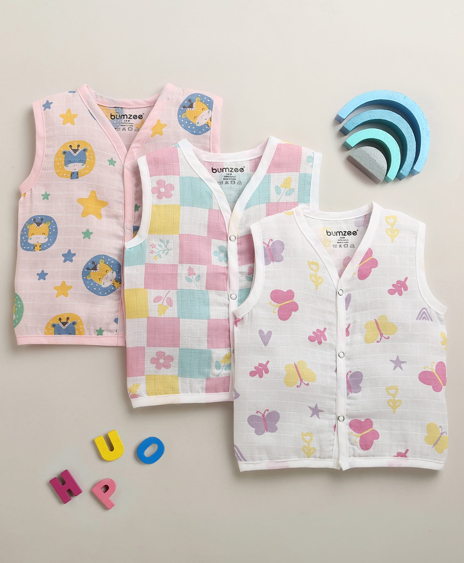 BUMZEE Muslin Cotton Knit Sleeveless Butterfly Printed Jhablas Pack of 3 - White & Pink-image-14