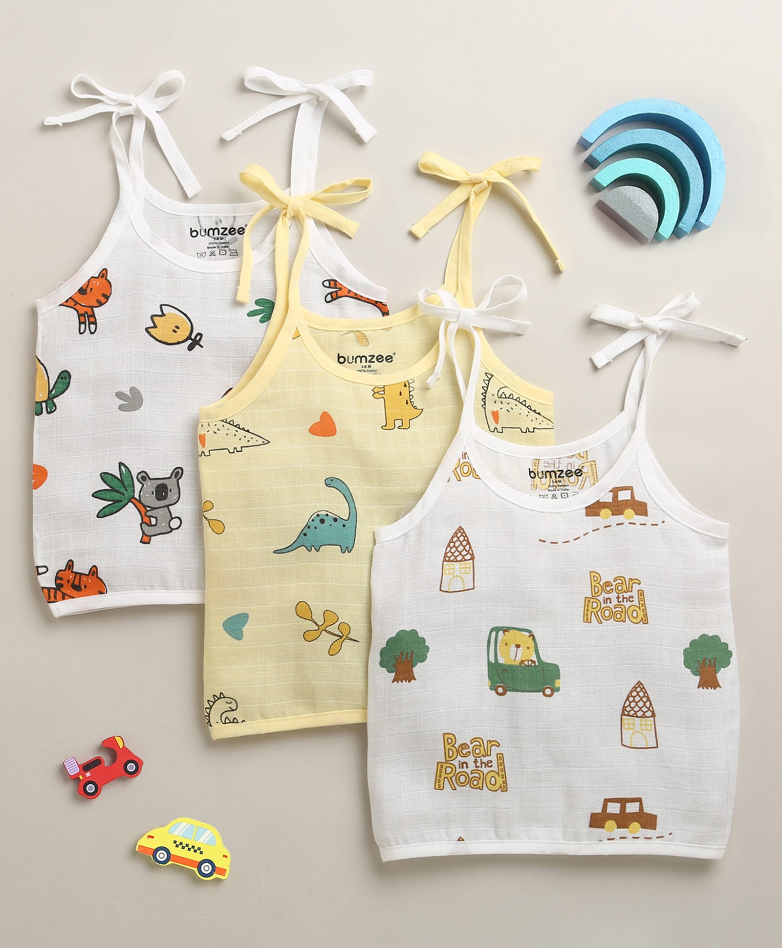 BUMZEE Muslin Cotton Knit Sleeveless Dino Printed Jhablas Pack of 3 - White & Yellow-image-10