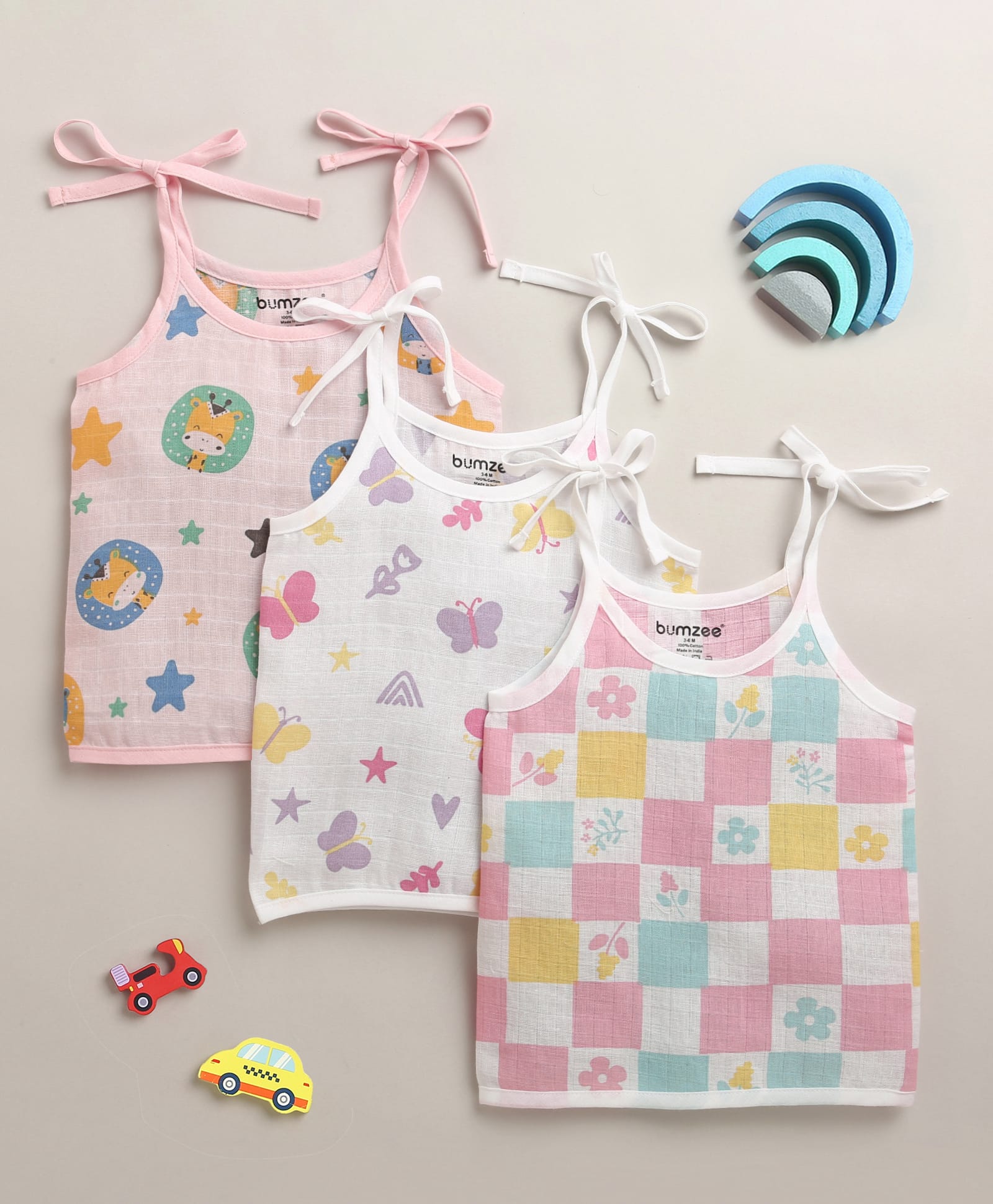BUMZEE Muslin Cotton Knit Sleeveless Butterfly Floral & Animal Printed Jhablas Pack Of 3 - Pink & White-image-48