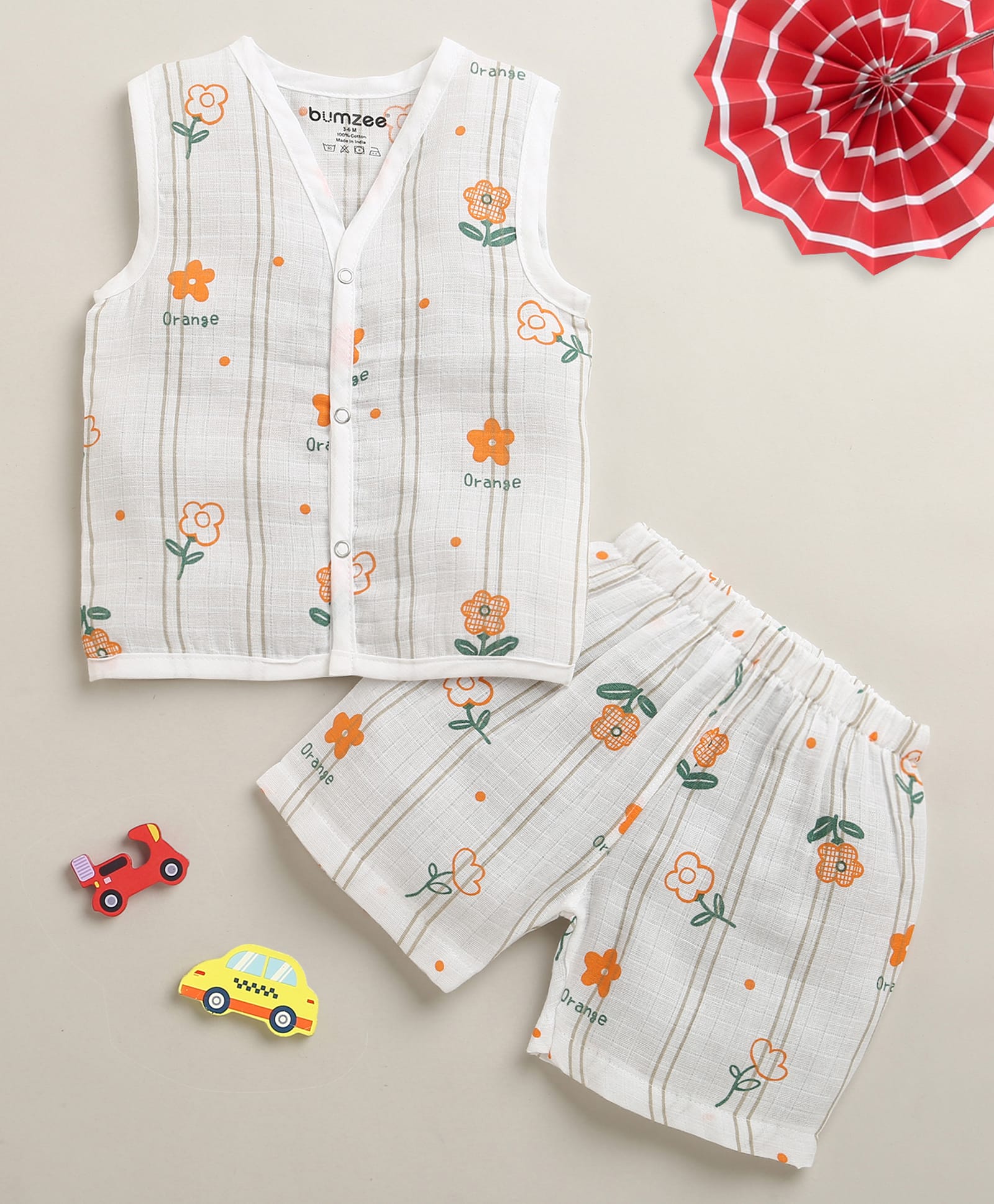 BUMZEE Muslin Woven Sleeveless Top & Shorts Co-Ord Set With Floral Print - White-picture-9