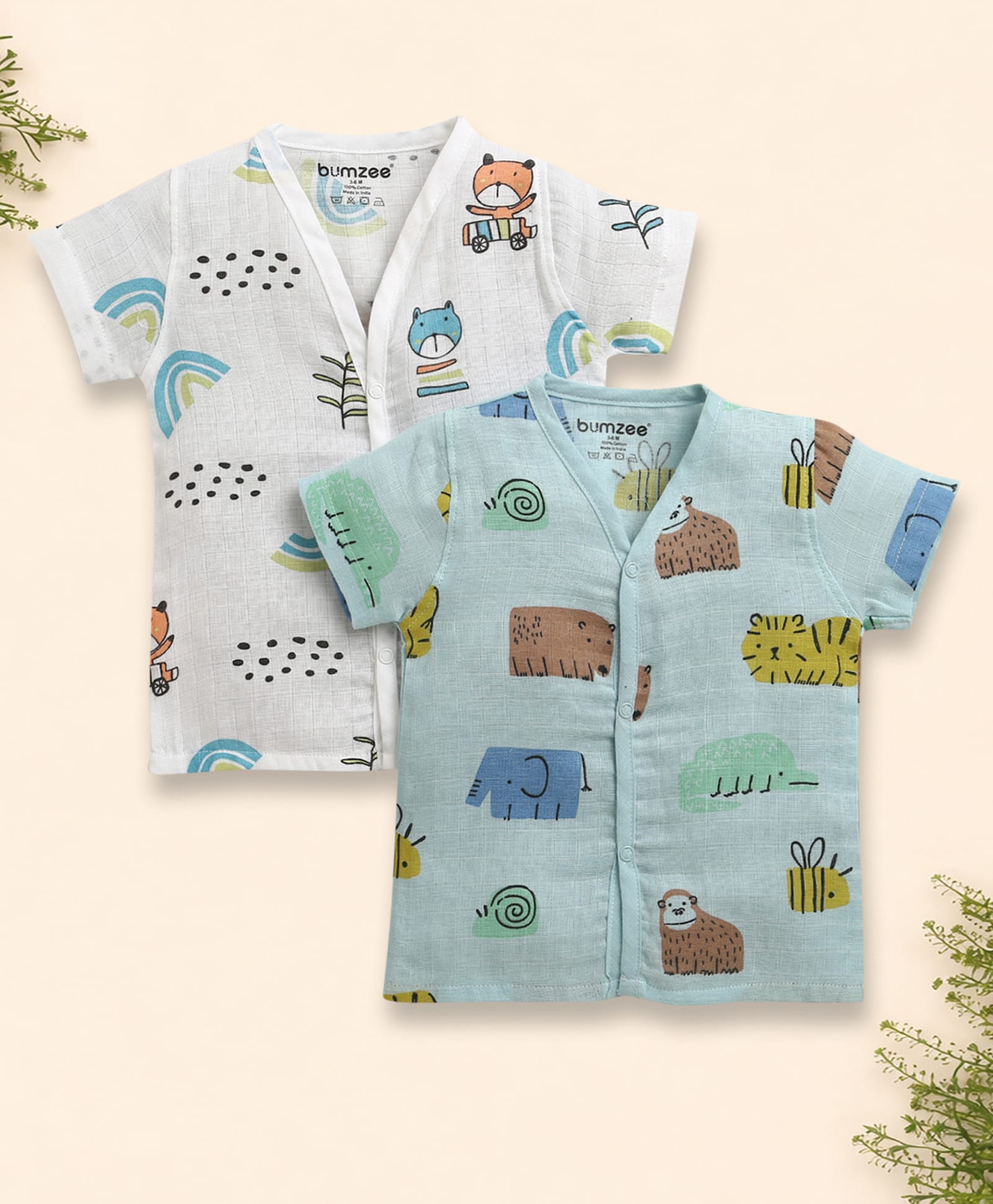 BUMZEE Muslin Woven Half Sleeves Bear Printed Jablas Pack of 2 - Blue & White-picture-15