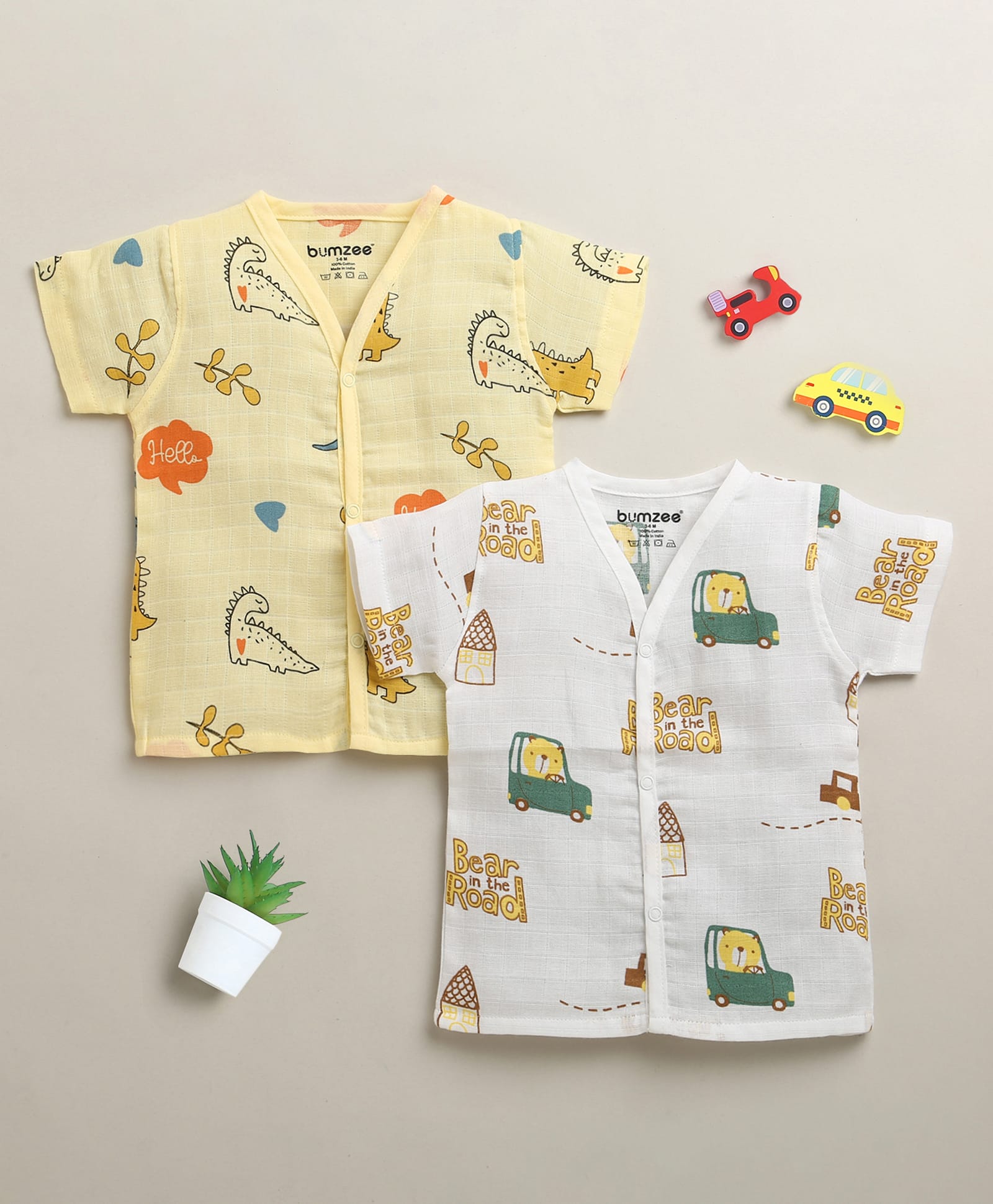 BUMZEE Cotton Muslin Woven Half Sleeves Dino & Vehicles Printed Jhablas Pack of 2 - Yellow & White-picture-29