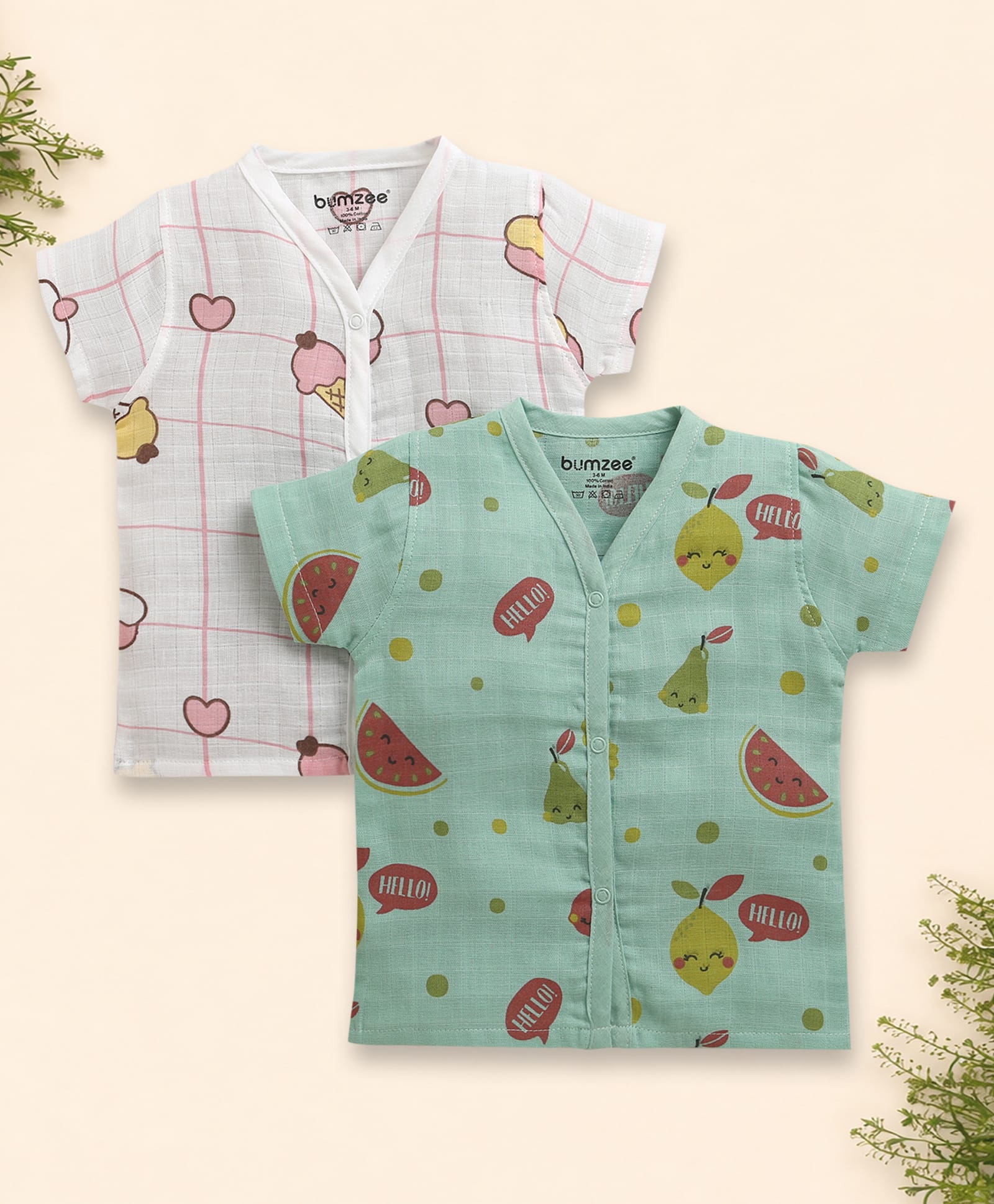 BUMZEE Cotton Muslin Knit Half Sleeves Fruits & Ice Cream Printed Jhablas Pack Of 2 - White & Light Green-picture-31