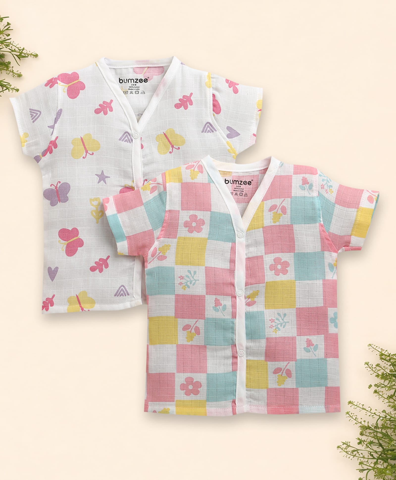 BUMZEE Muslin Cotton Woven Half Sleeves Butterfly & Floral Printed Jhablas Pack Of 2 - White & Multicolor-picture-28