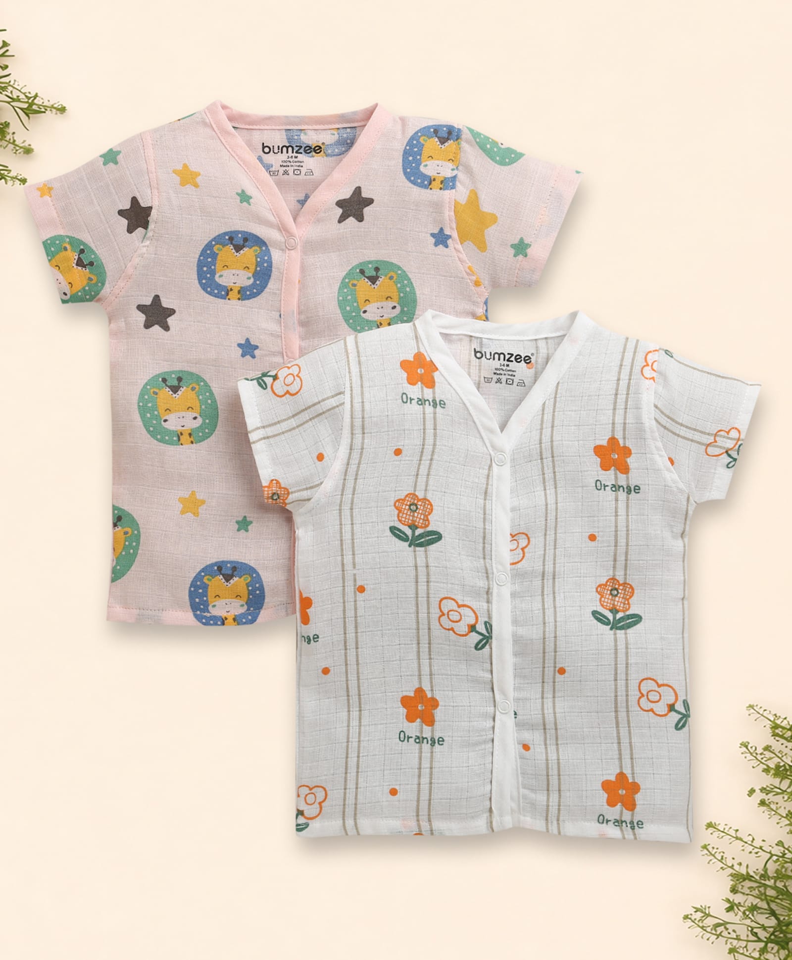 BUMZEE Cotton Musin Woven Half Sleeves Giraffe & Floral Printed Jhablas Pack of 2 - White & Pink-picture-33