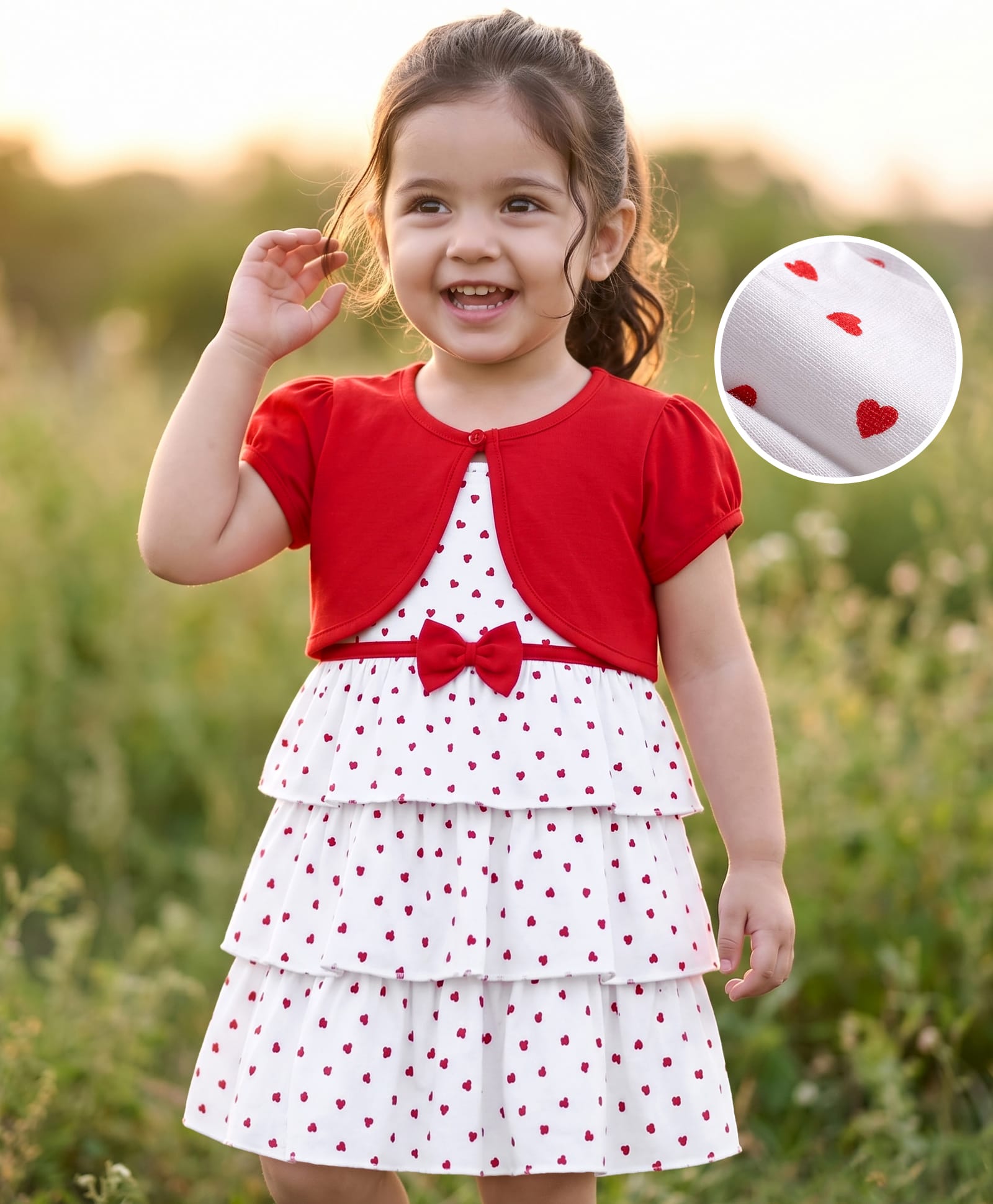 Babyhug Single Jersey Knit Half Sleeves Heart Printed Frock with Shrug - White-image-12