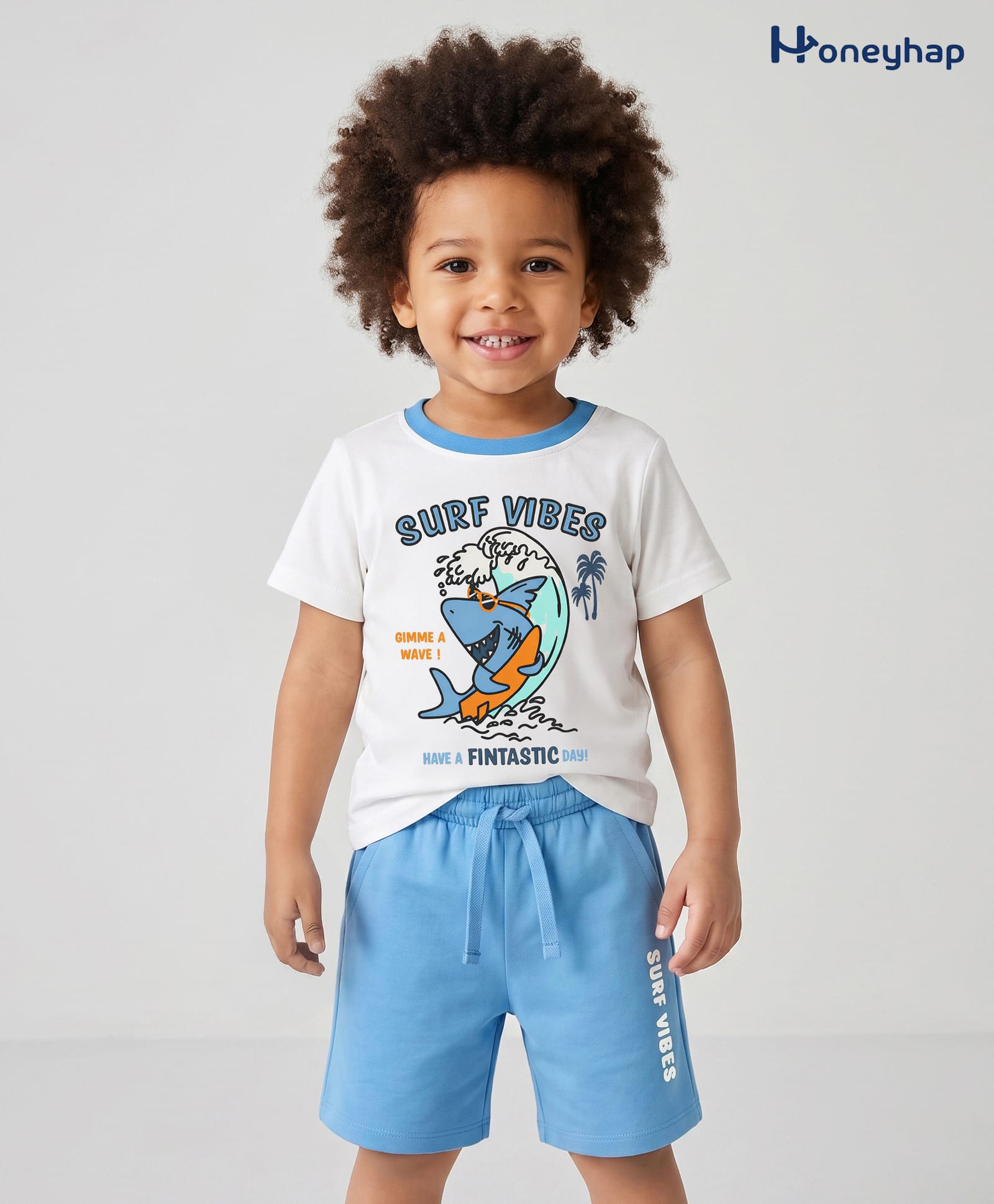Honeyhap Premium 100% Cotton Knit Half Sleeves Shark Printed T-Shirt & Shorts Night Suit with Bio Finish - White-picture-27