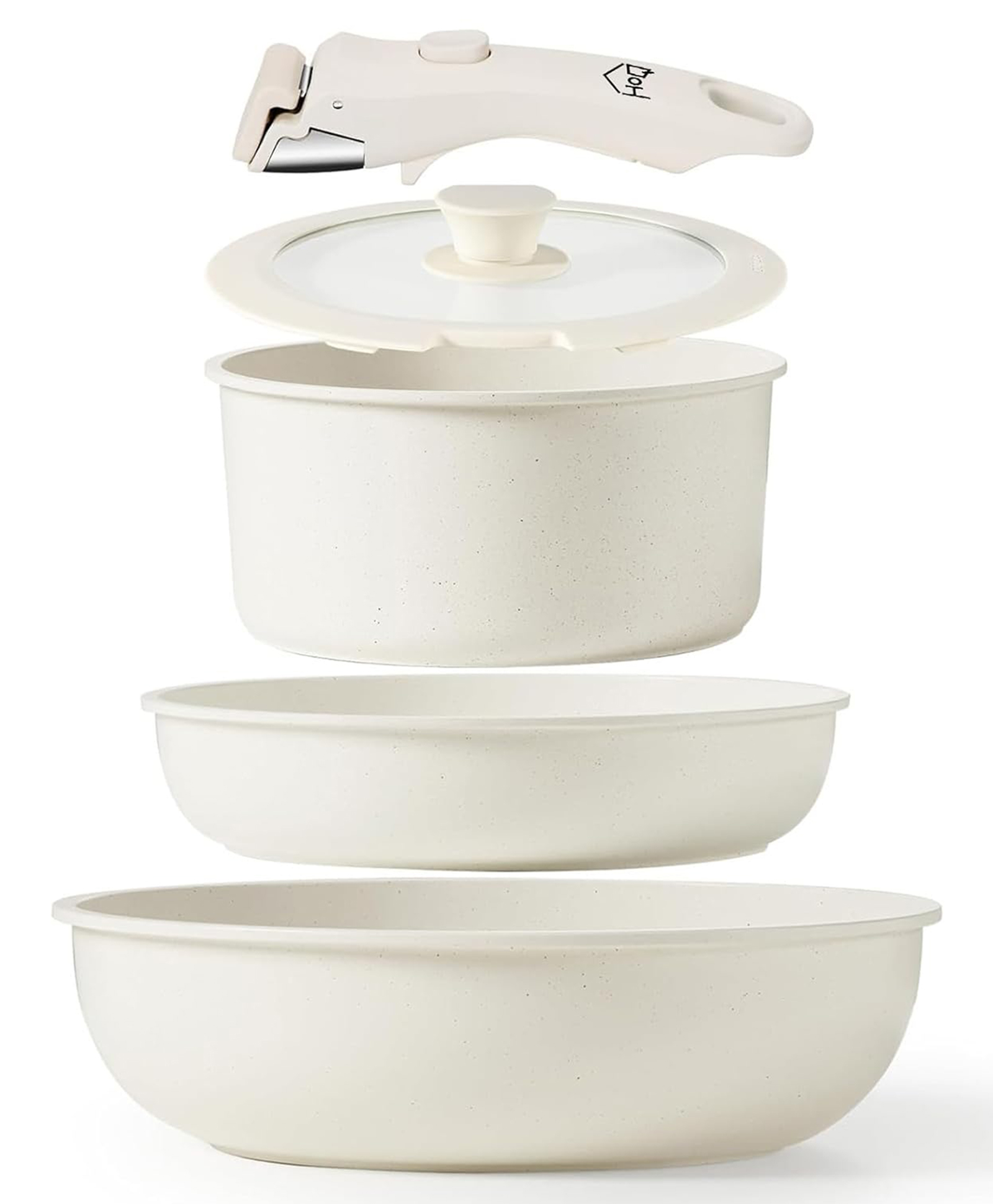 House of Quirk Maifan Stone Nonstick Cookware Set 5-Piece | Detachable Handle Pots & Pans | Stackable, Induction & Oven Safe Kitchen Set - Beige-image-40