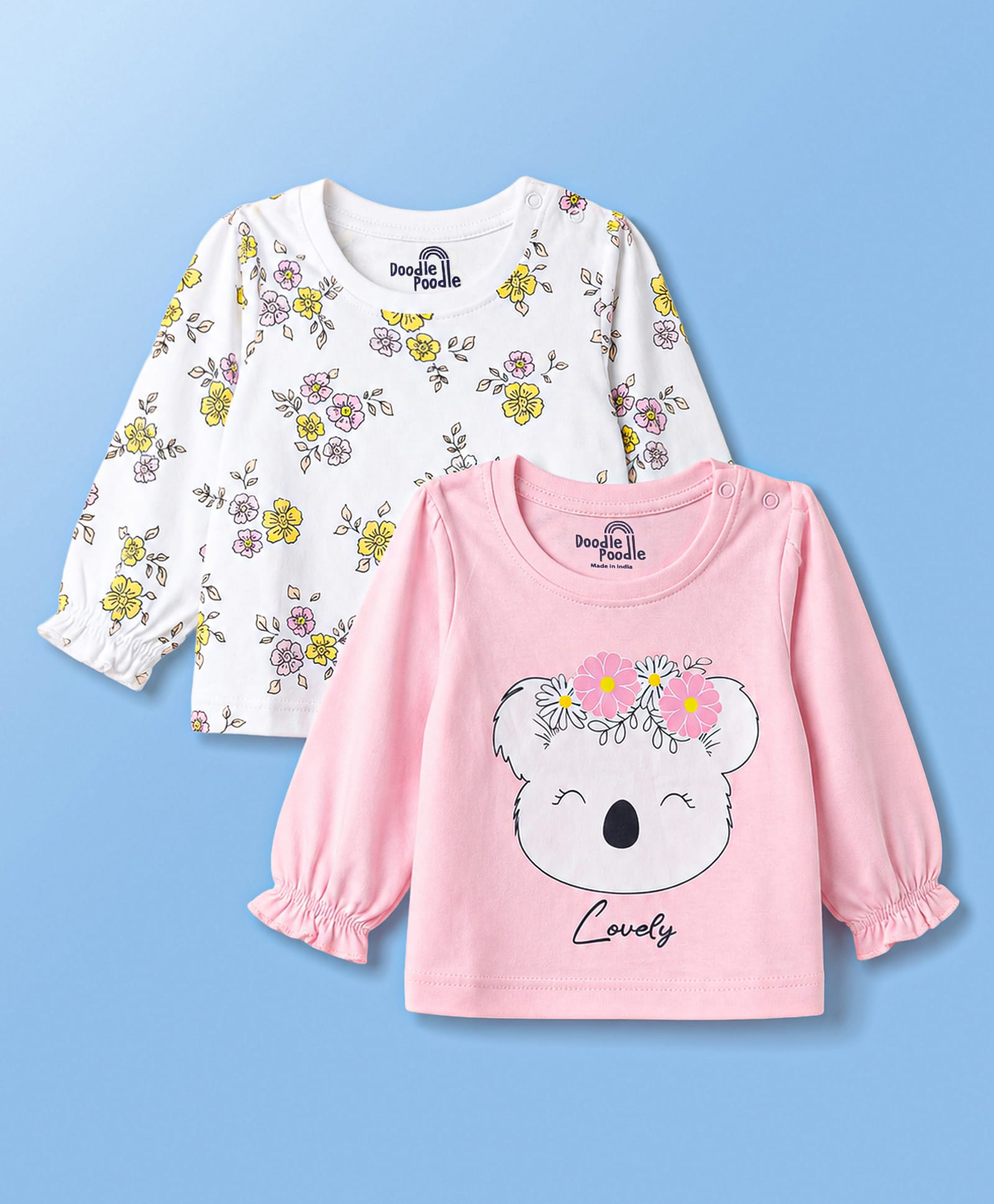 Doodle Poodle 100% Cotton Knit Full Sleeves Floral & Koala Printed Tops Pack Of 2 - White & Pink-image-42